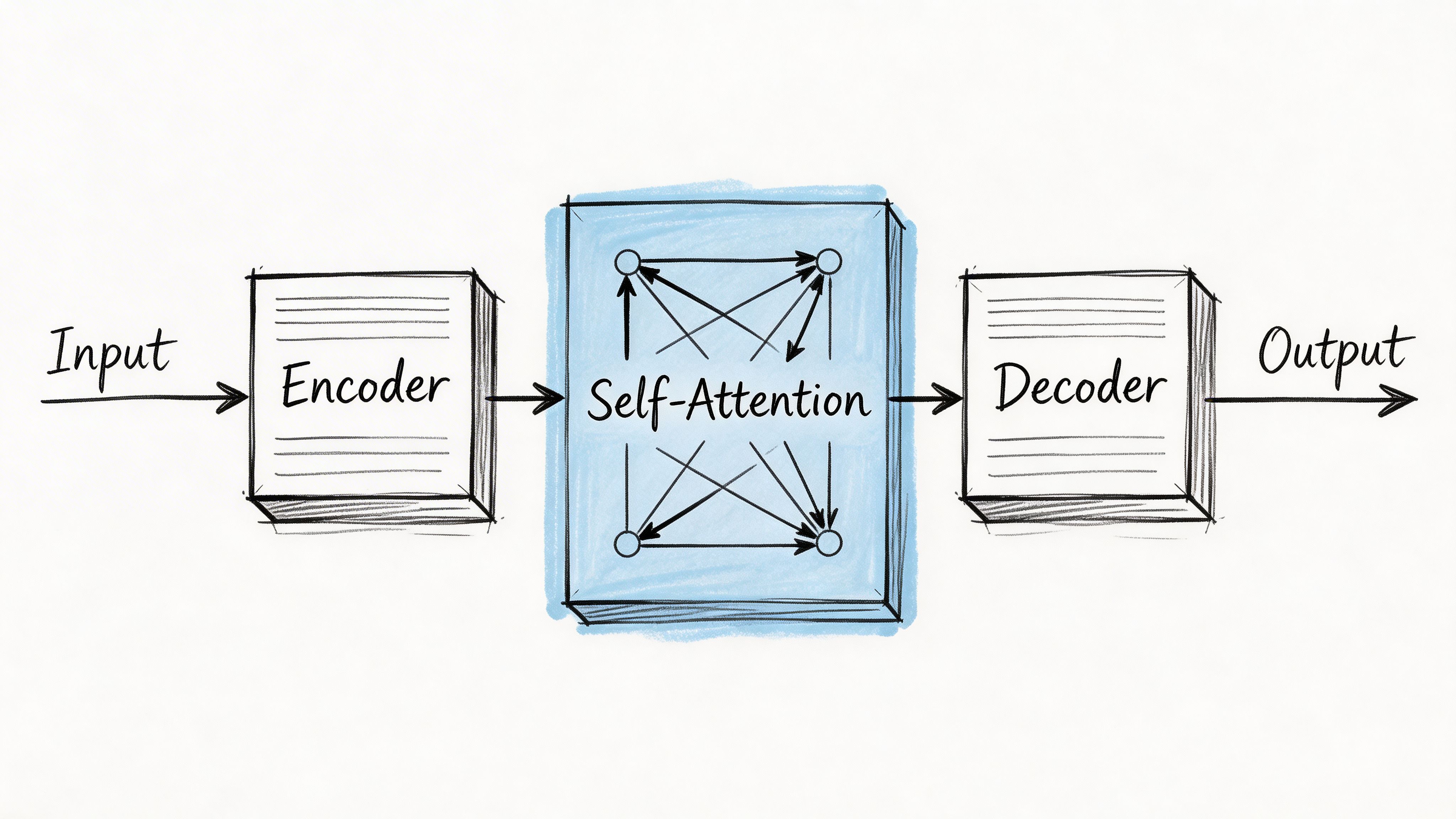 A hand-drawn illustration showing the flow of a transformer model, including an encoder, self-attention, and a decoder.