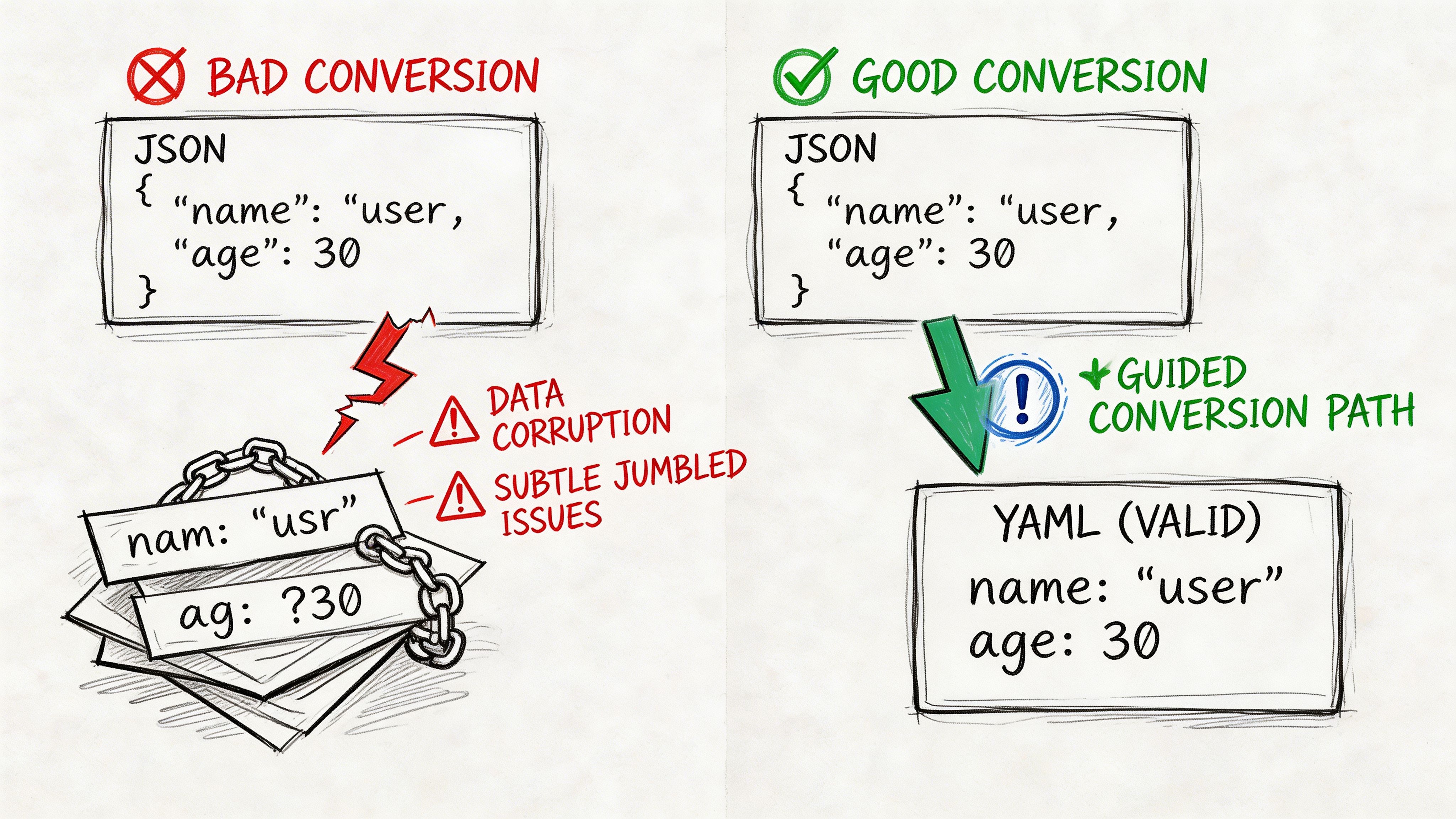 A diagram comparing bad and good conversion practices between JSON and YAML data formats for developers.