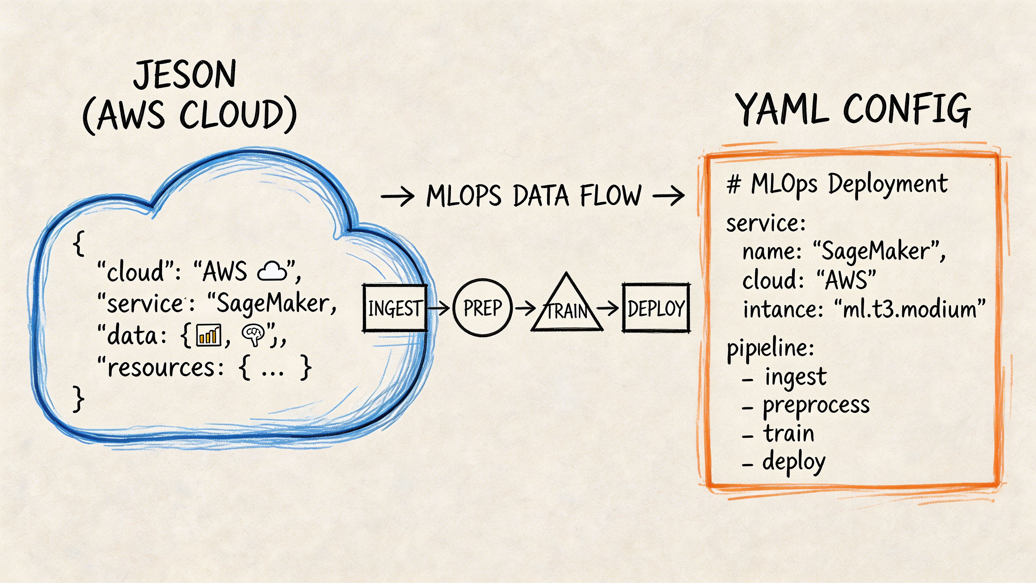 A hand-drawn diagram illustrating MLOps data flow from AWS cloud JSON configuration to YAML deployment scripts.