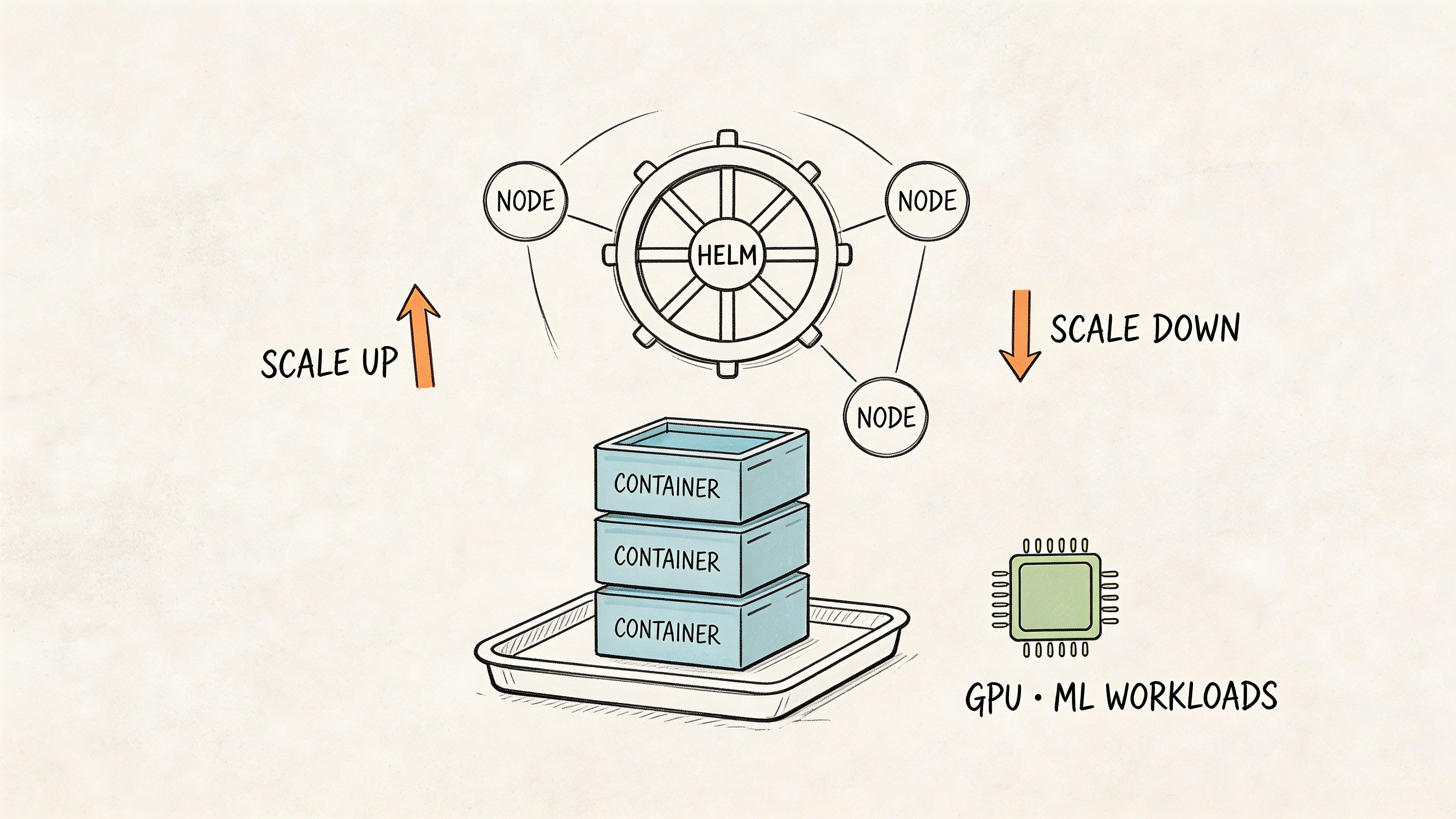 A conceptual illustration of a Kubernetes architecture featuring Helm, nodes, containers, and GPU ML workloads.