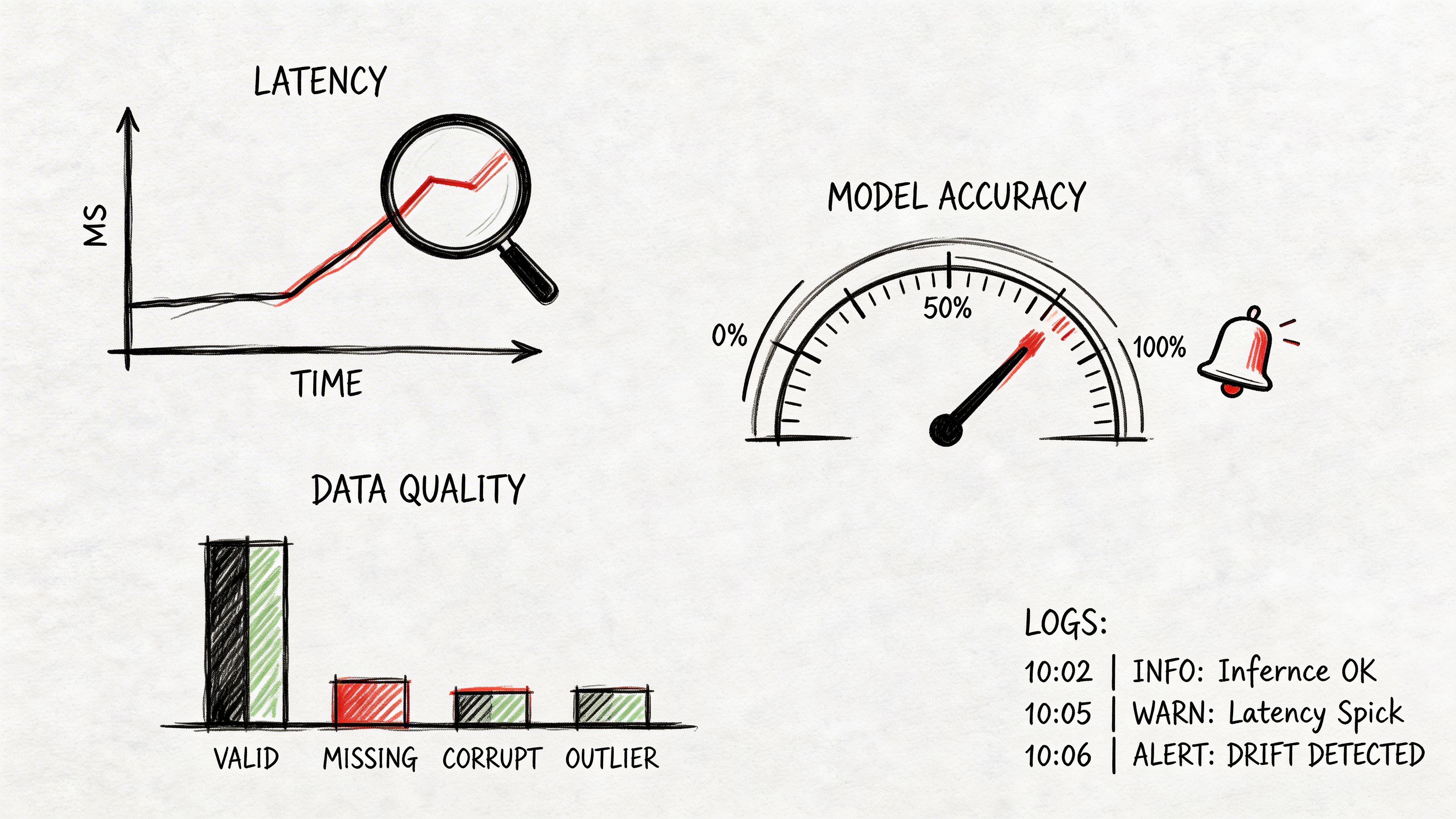 A hand-drawn illustration showing monitoring metrics including latency charts, model accuracy gauges, data quality bars, and system logs.