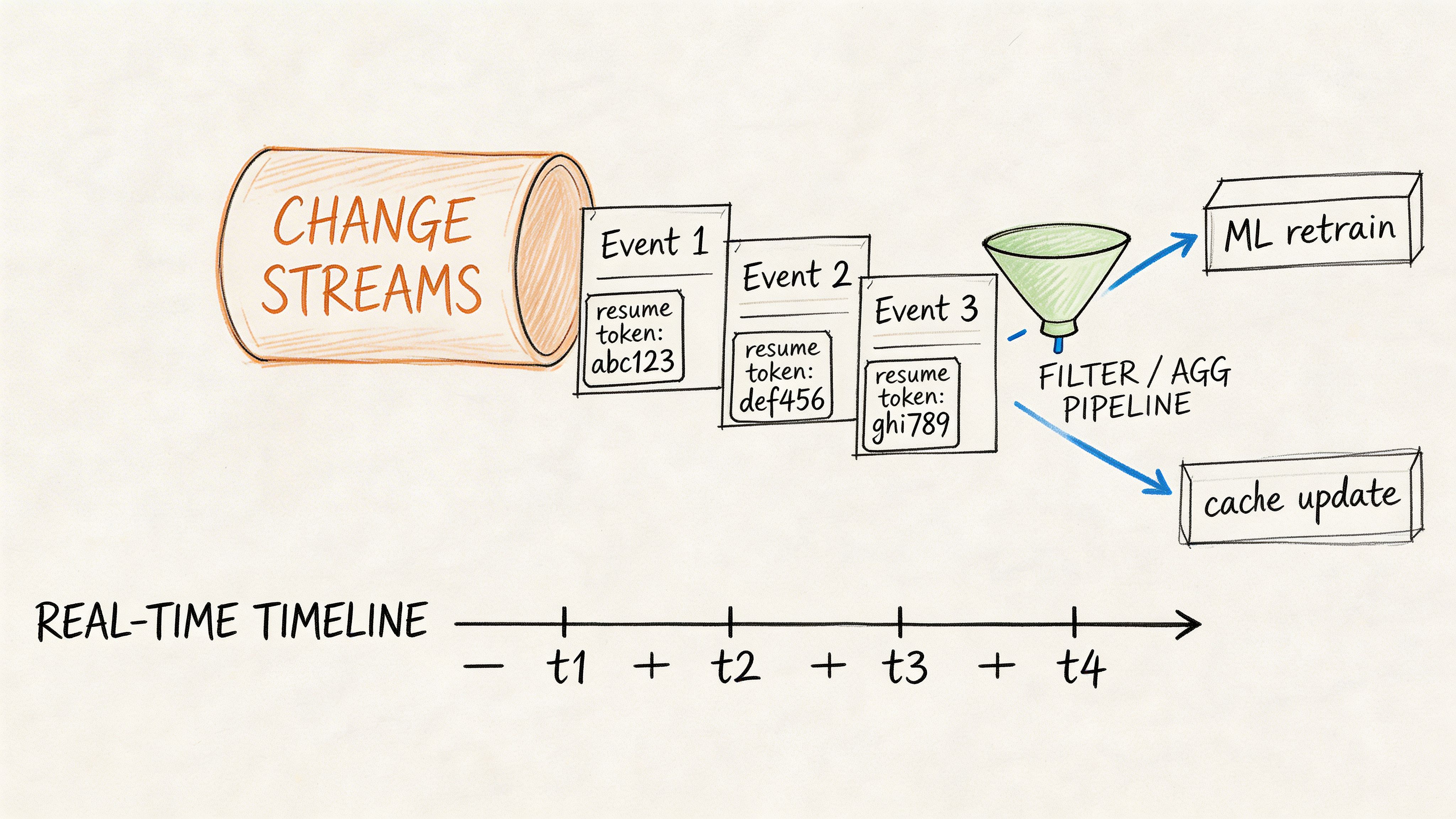 A diagram illustrating MongoDB change streams processing events through a filter pipeline for machine learning and cache updates.