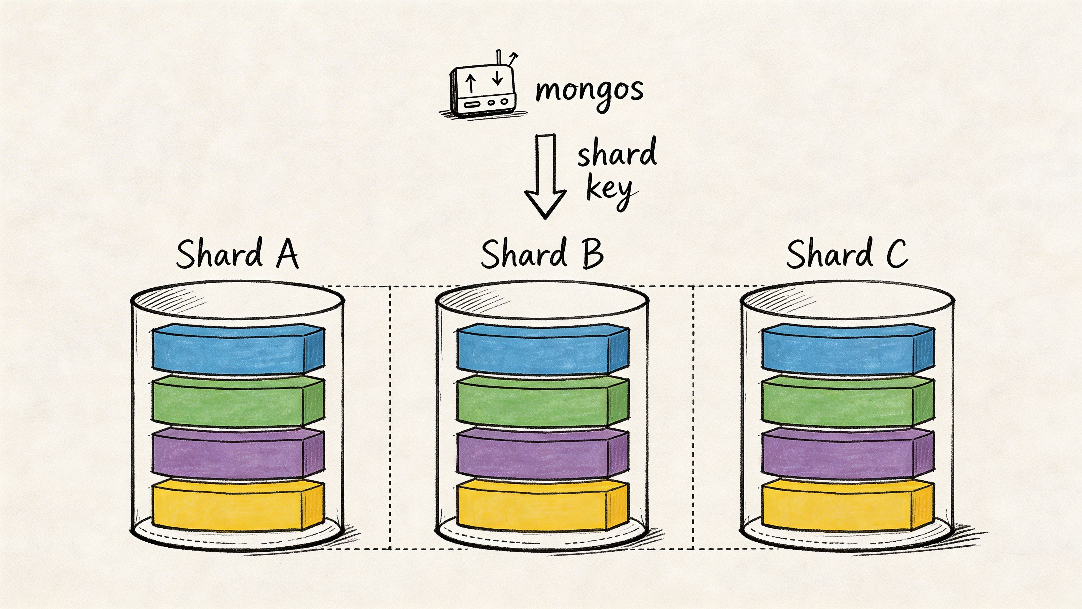 A diagram illustrating how mongos uses a shard key to distribute data across three MongoDB shards.