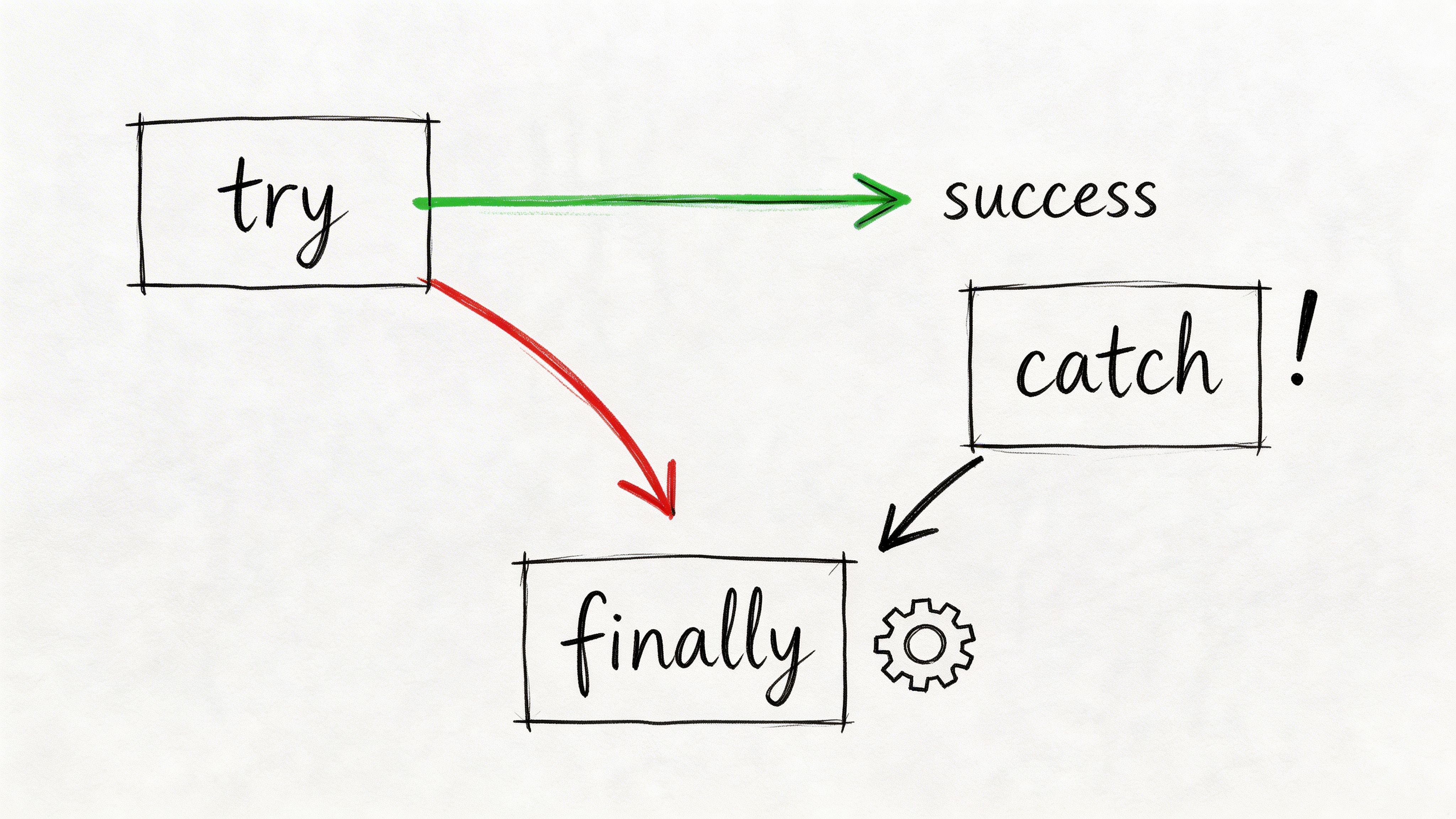 A conceptual diagram illustrating a programming try-catch-finally block error handling flow with hand-drawn style boxes.