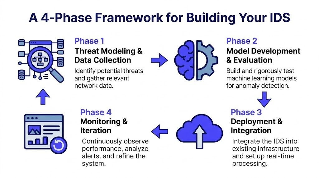 A diagram outlining a four-phase framework for building a machine learning-based network intrusion detection system.