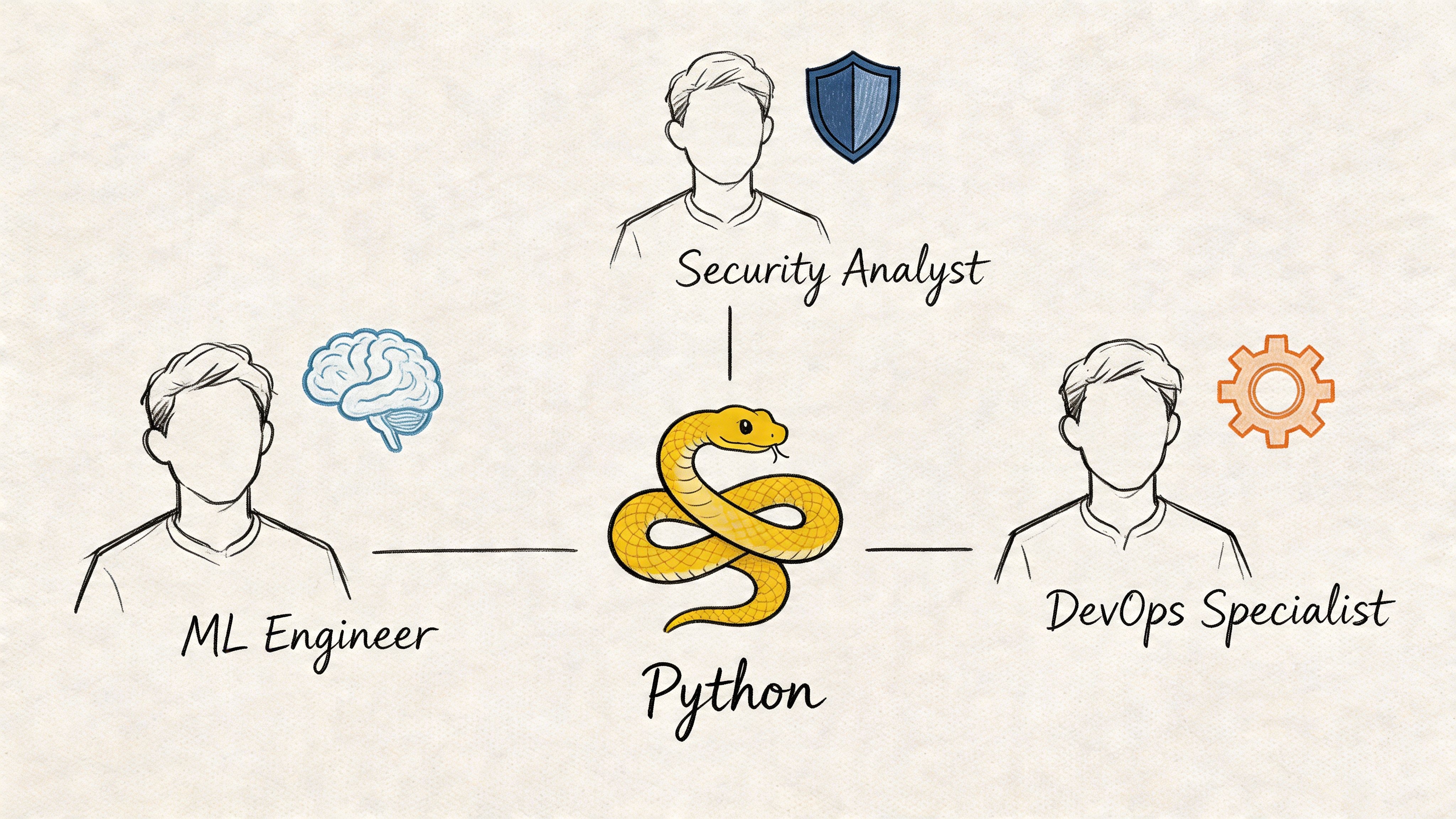 An illustration showing Python connecting a Machine Learning Engineer, a Security Analyst, and a DevOps Specialist.