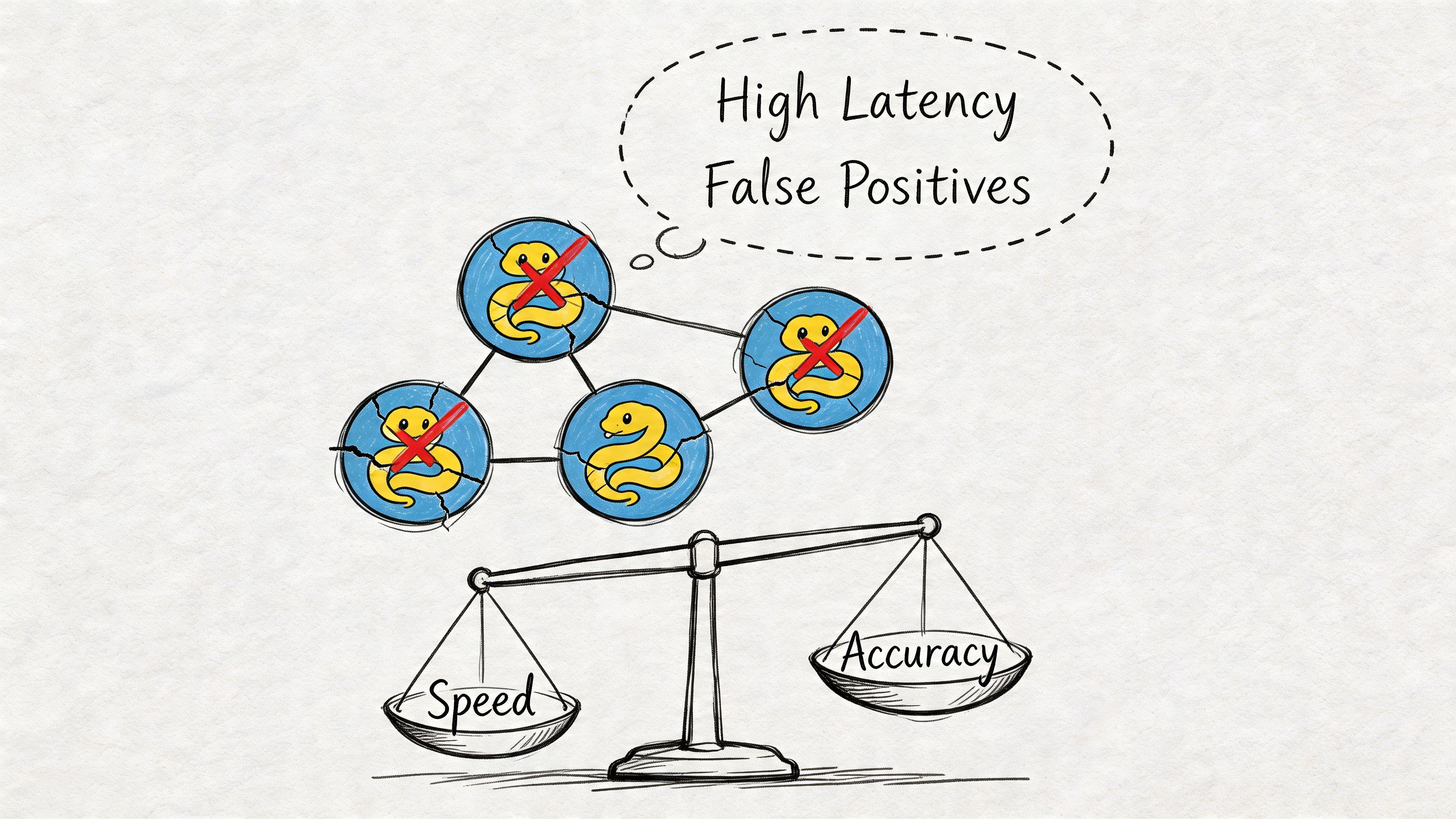 A hand-drawn illustration showing a snake icon network with speed versus accuracy scale weighing the trade-offs.