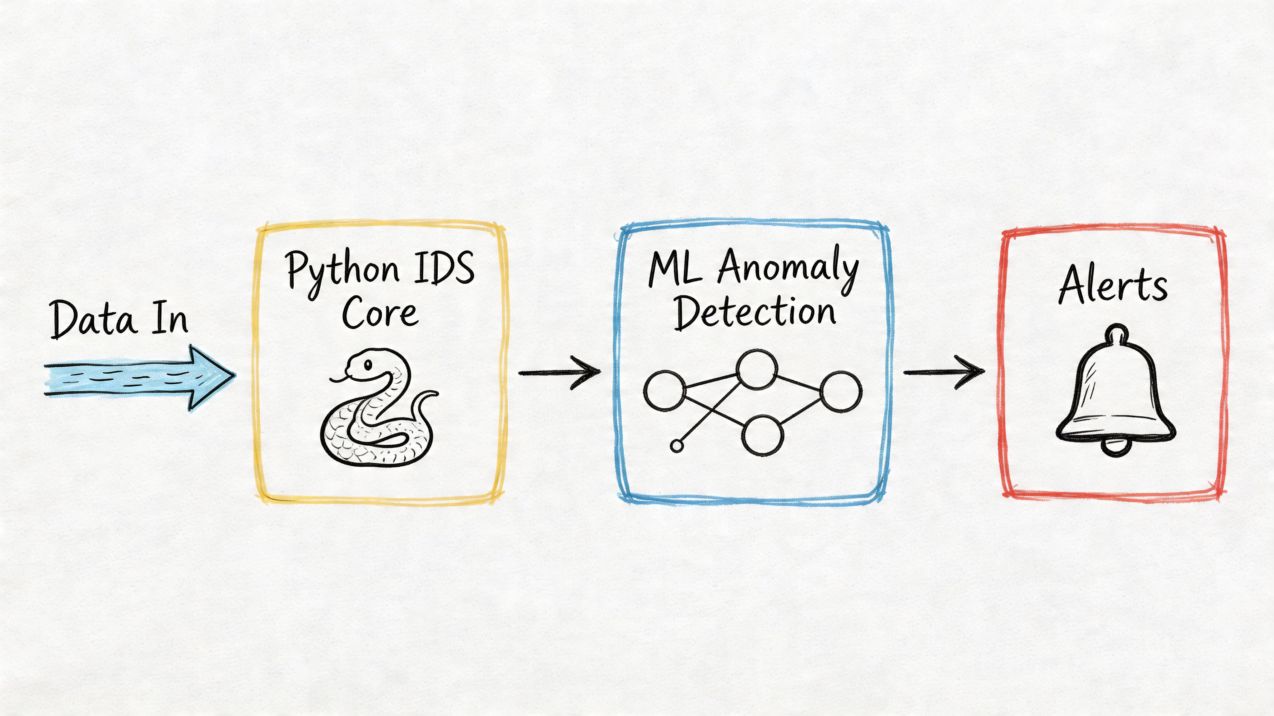 A hand-drawn flowchart illustrating a Python intrusion detection system processing data through machine learning anomaly detection to alerts.