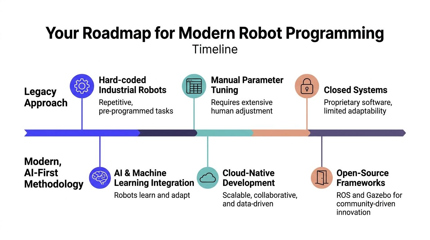 A timeline chart contrasting legacy robot programming methods with modern AI-first development and methodology.