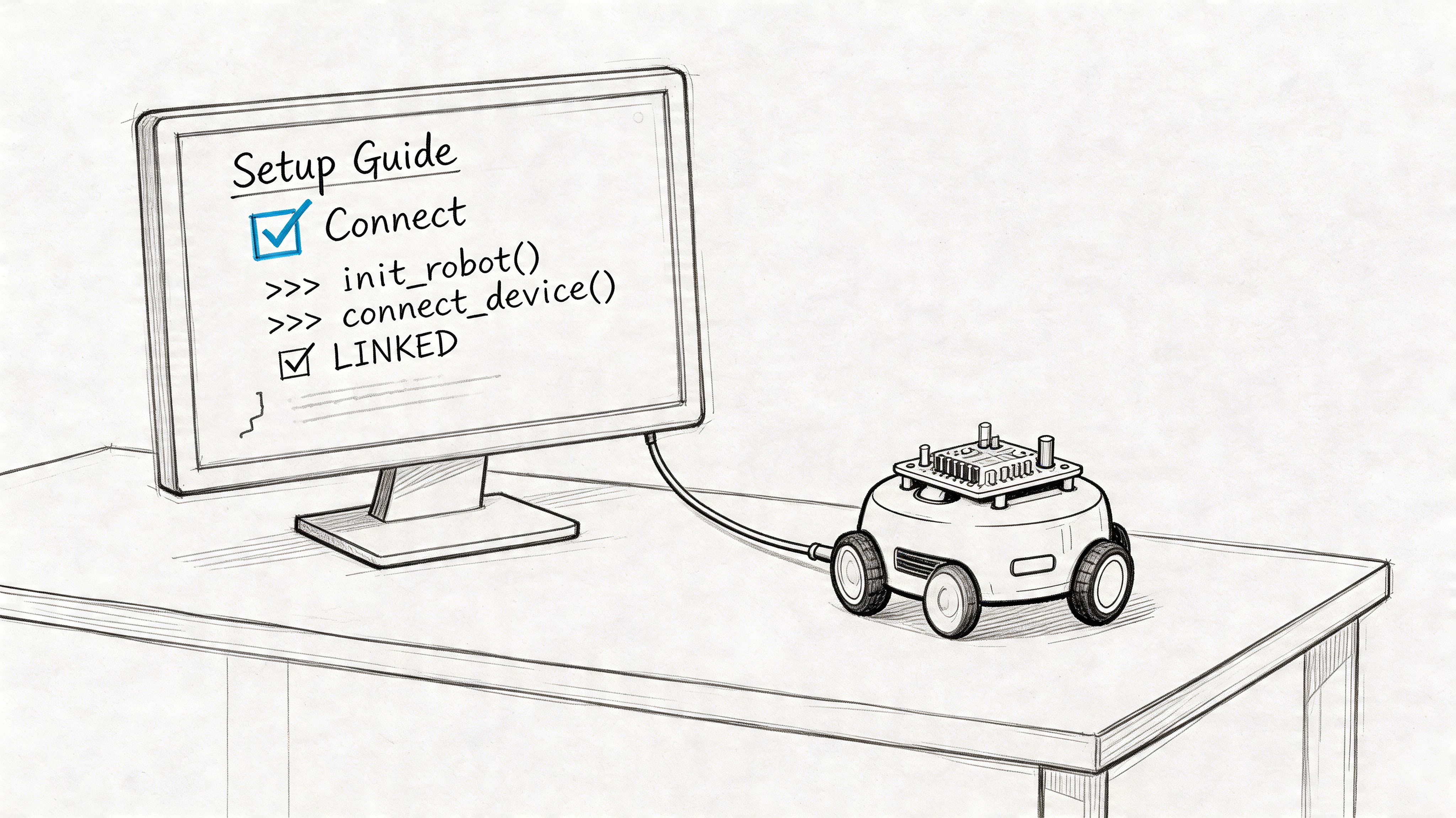 A sketched illustration of a computer monitor connected to a small robot on a desk during setup.