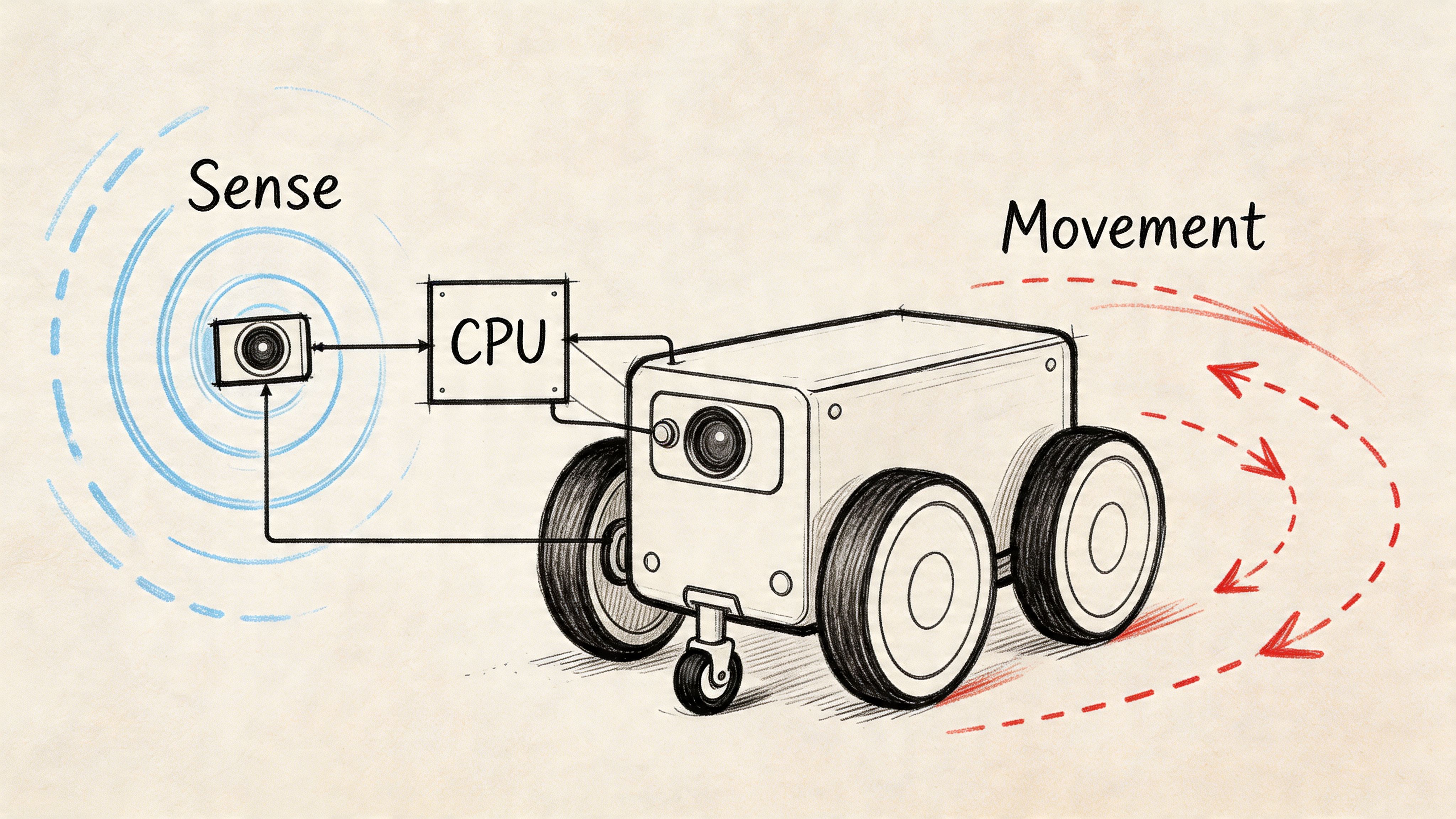 A conceptual line art drawing illustrating a robot with sensors and a CPU processing information for movement.