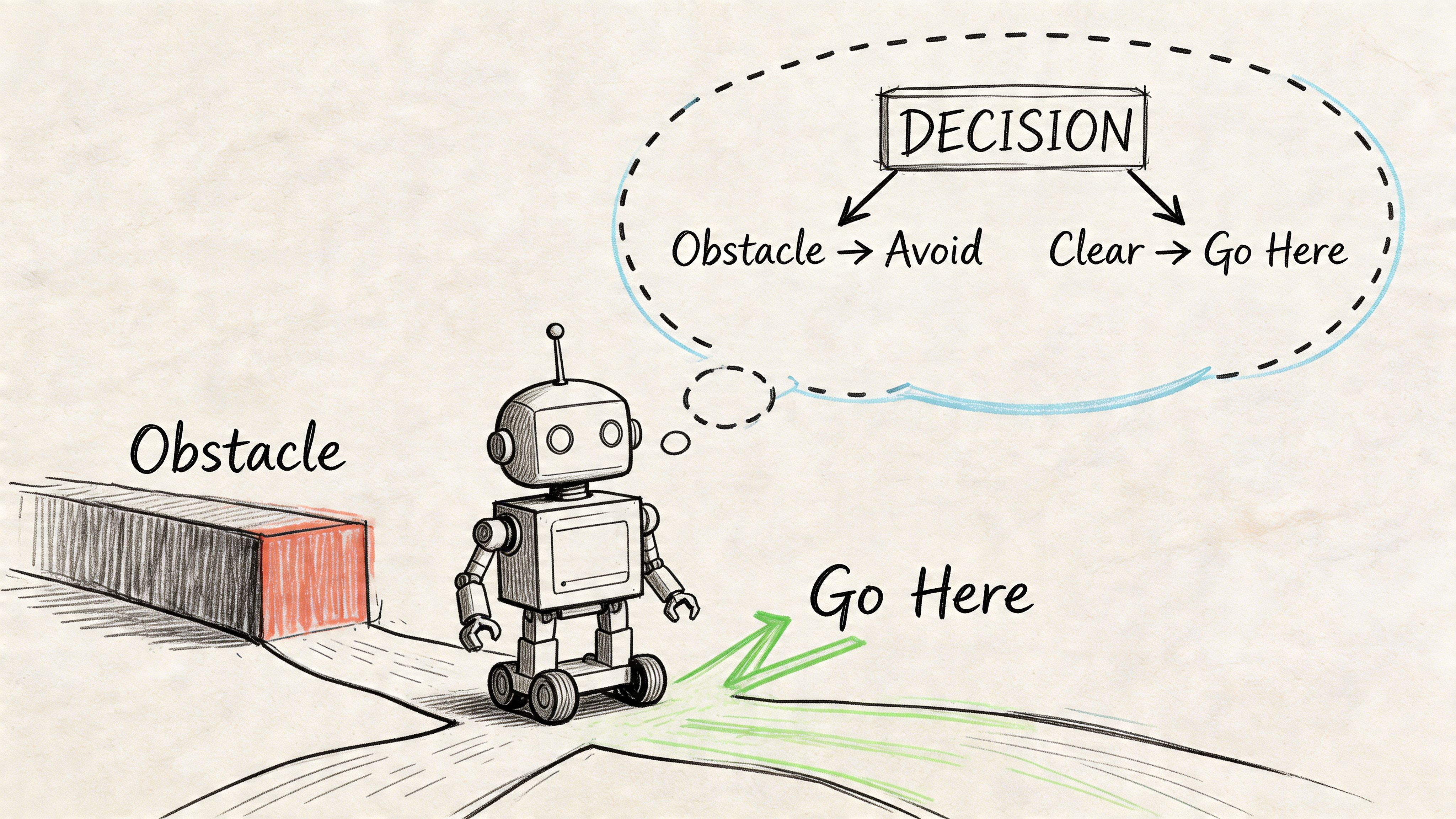 A robot analyzing an obstacle and making a decision to avoid it or go in a different direction.