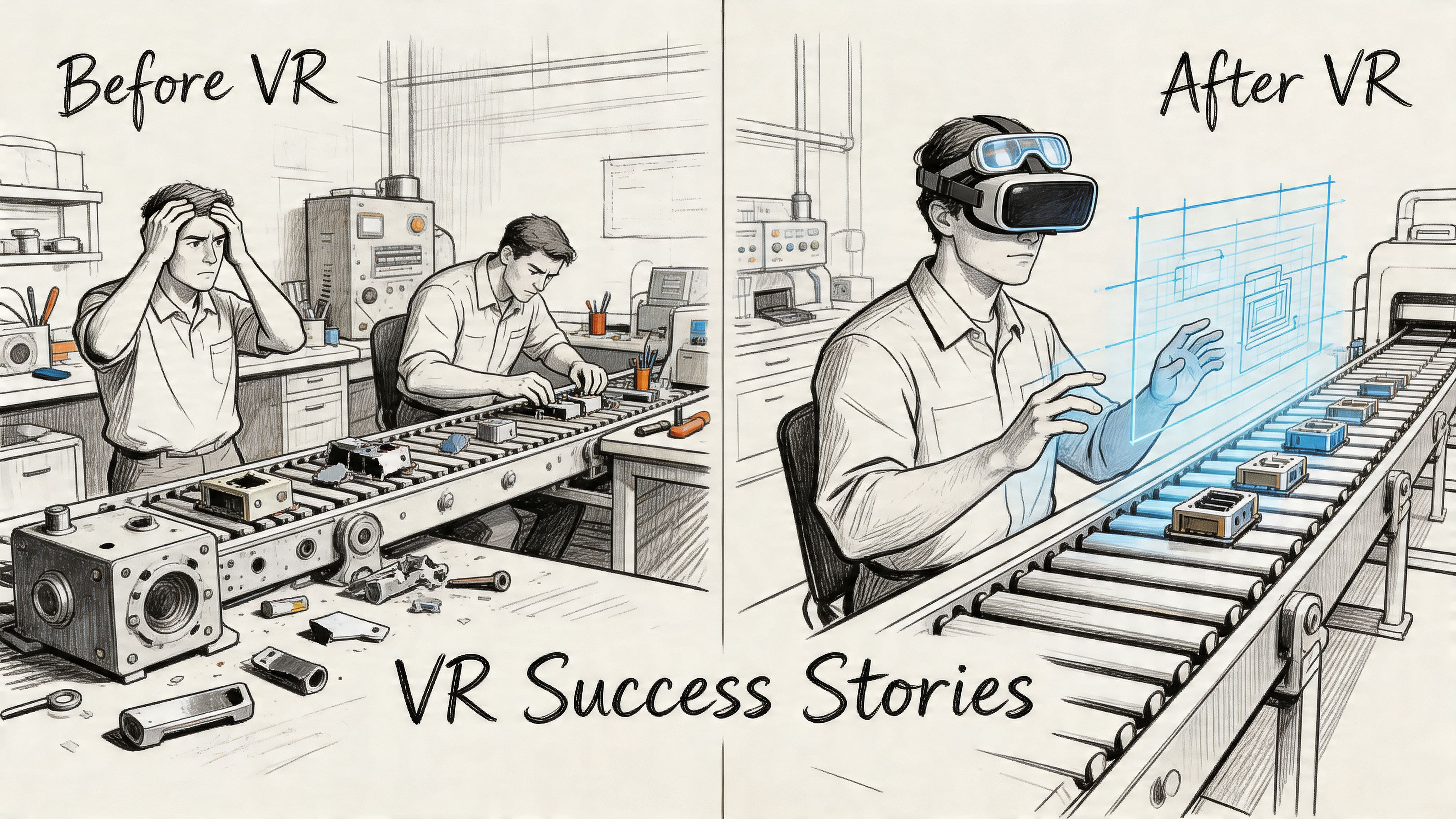 A split image comparison showing inefficient traditional manufacturing processes versus streamlined production using VR technology.