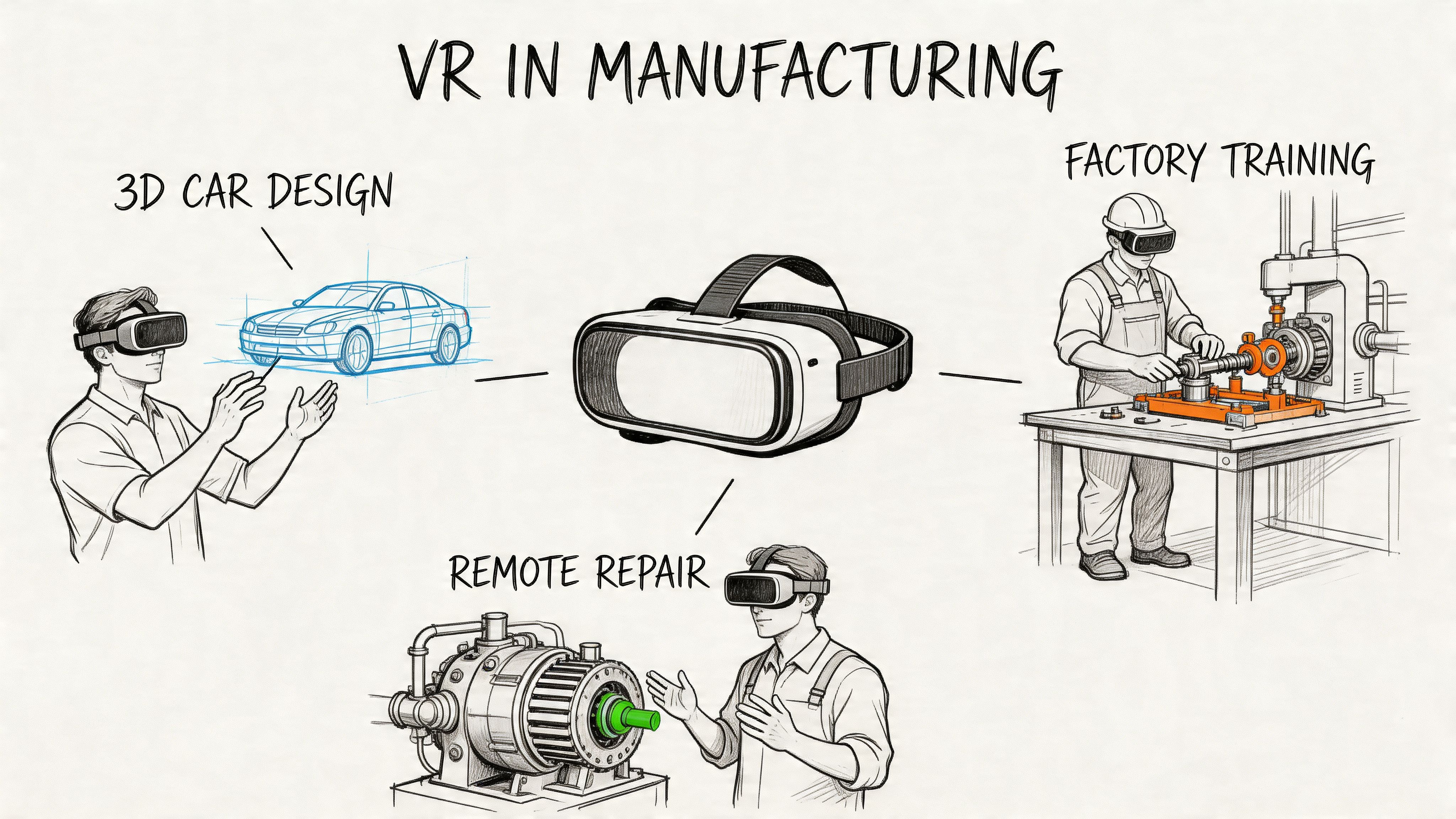 A diagram illustrates VR in manufacturing, showing uses in 3D car design, factory training, and remote repair.