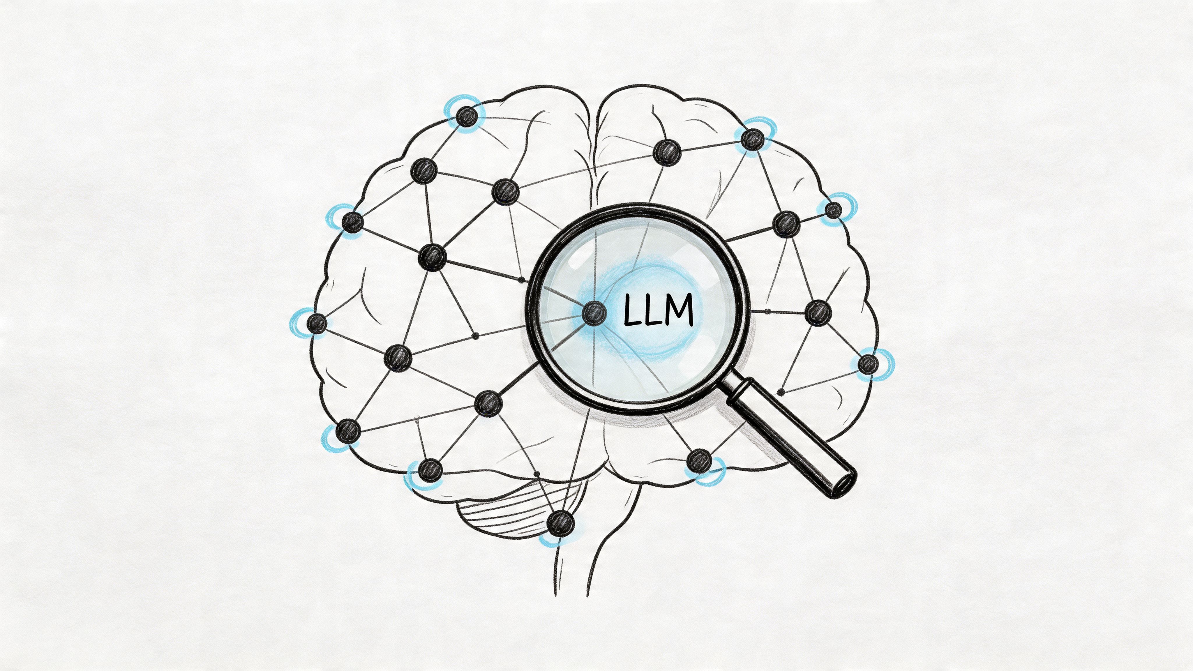 A hand-drawn illustration of a brain with a network of nodes, being examined by a magnifying glass.