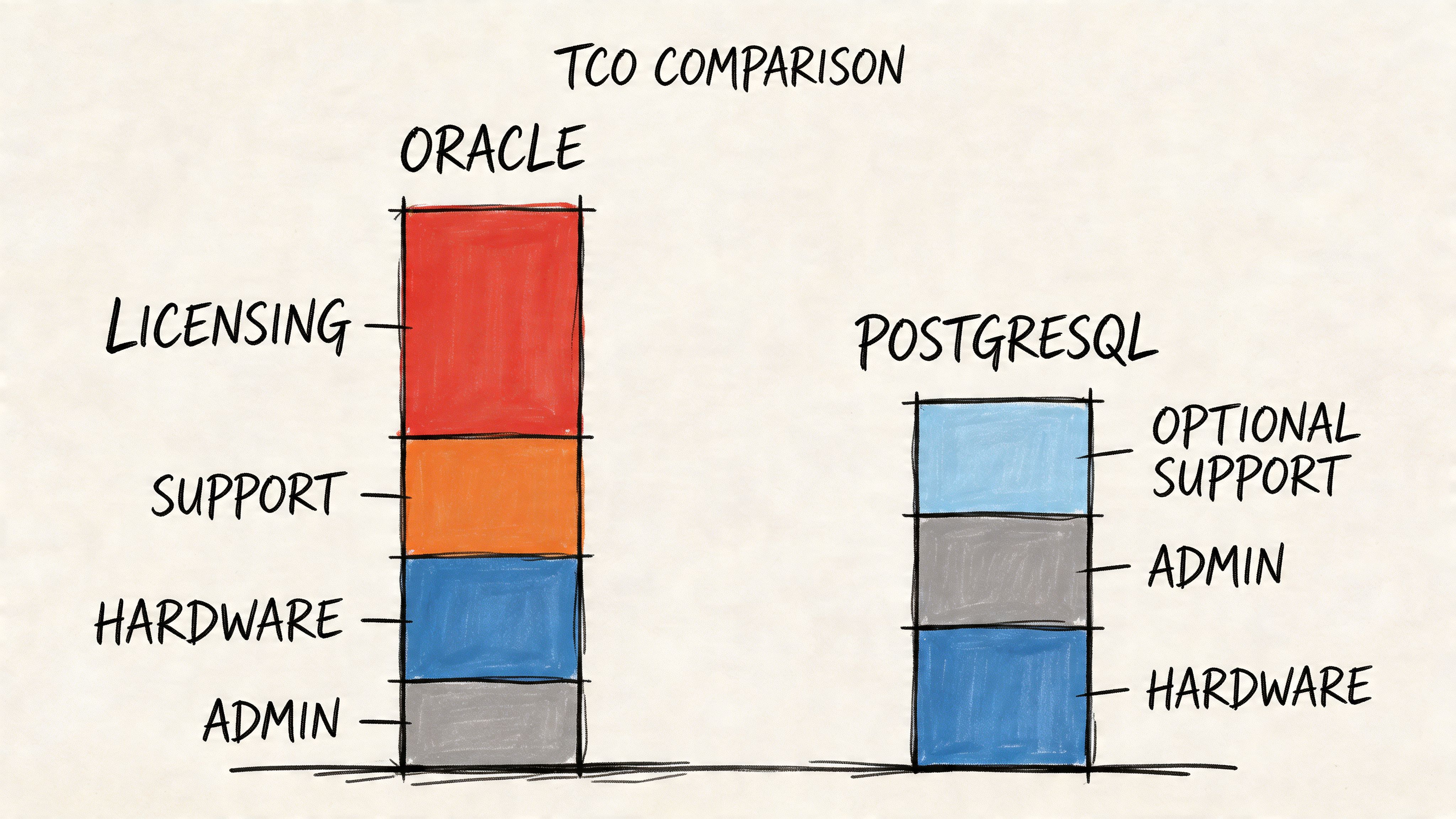 A hand-drawn comparison chart showing that Oracle has a higher total cost of ownership than PostgreSQL.