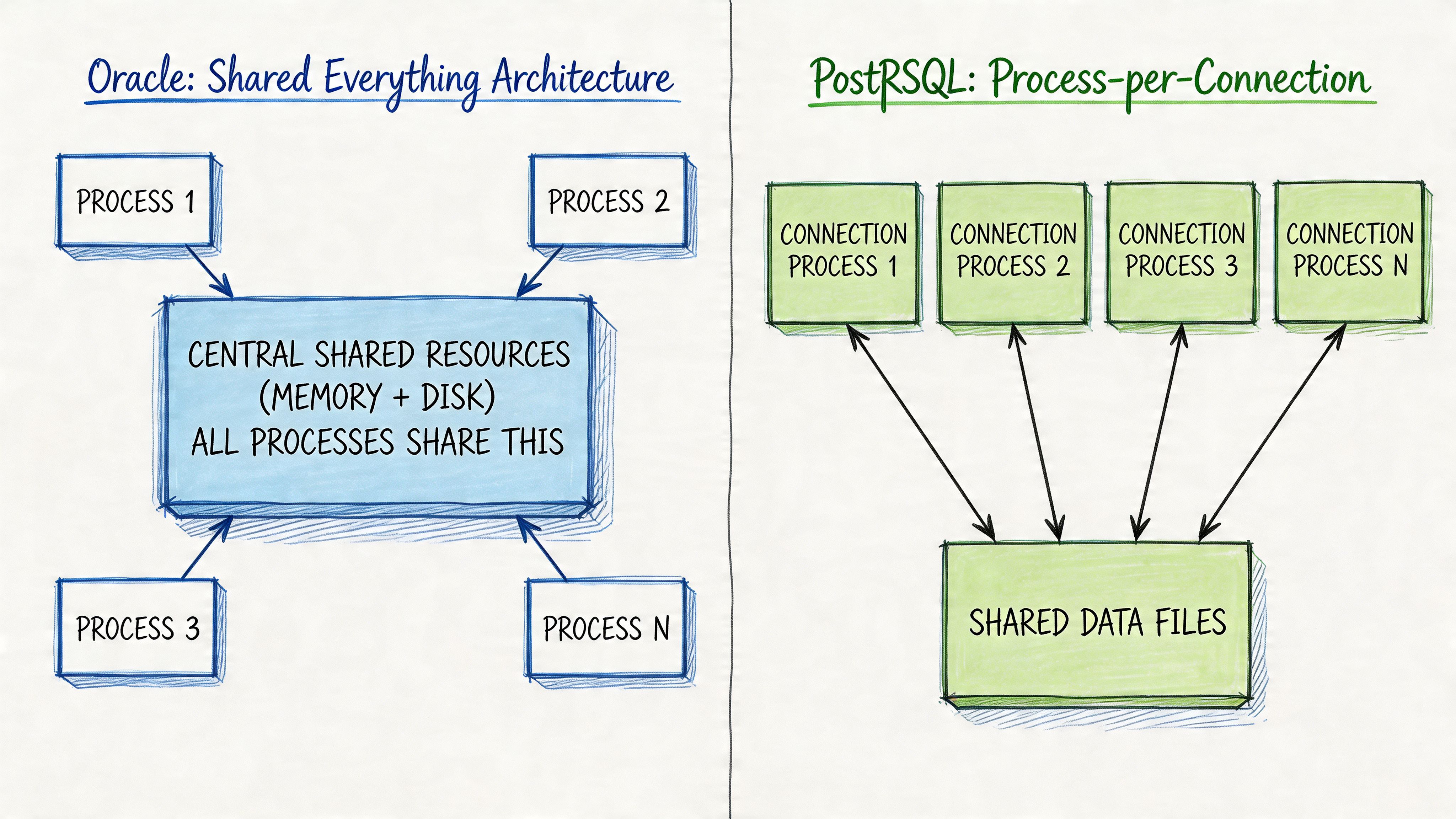 A diagram comparing Oracle Shared Everything architecture with PostgreSQL Process-per-Connection architecture side by side.
