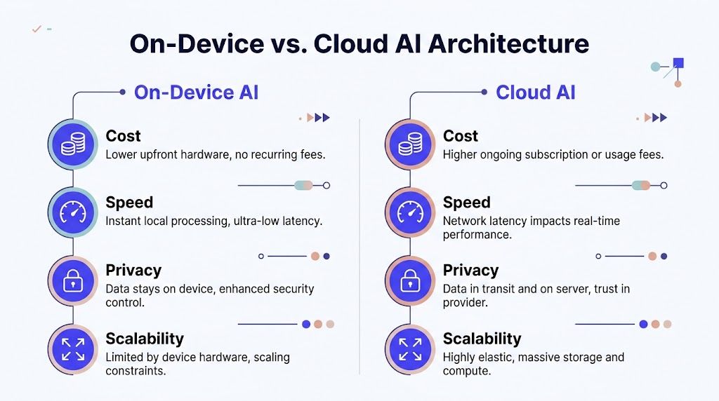 A comparison chart outlining the cost, speed, privacy, and scalability differences between on-device AI and cloud AI.