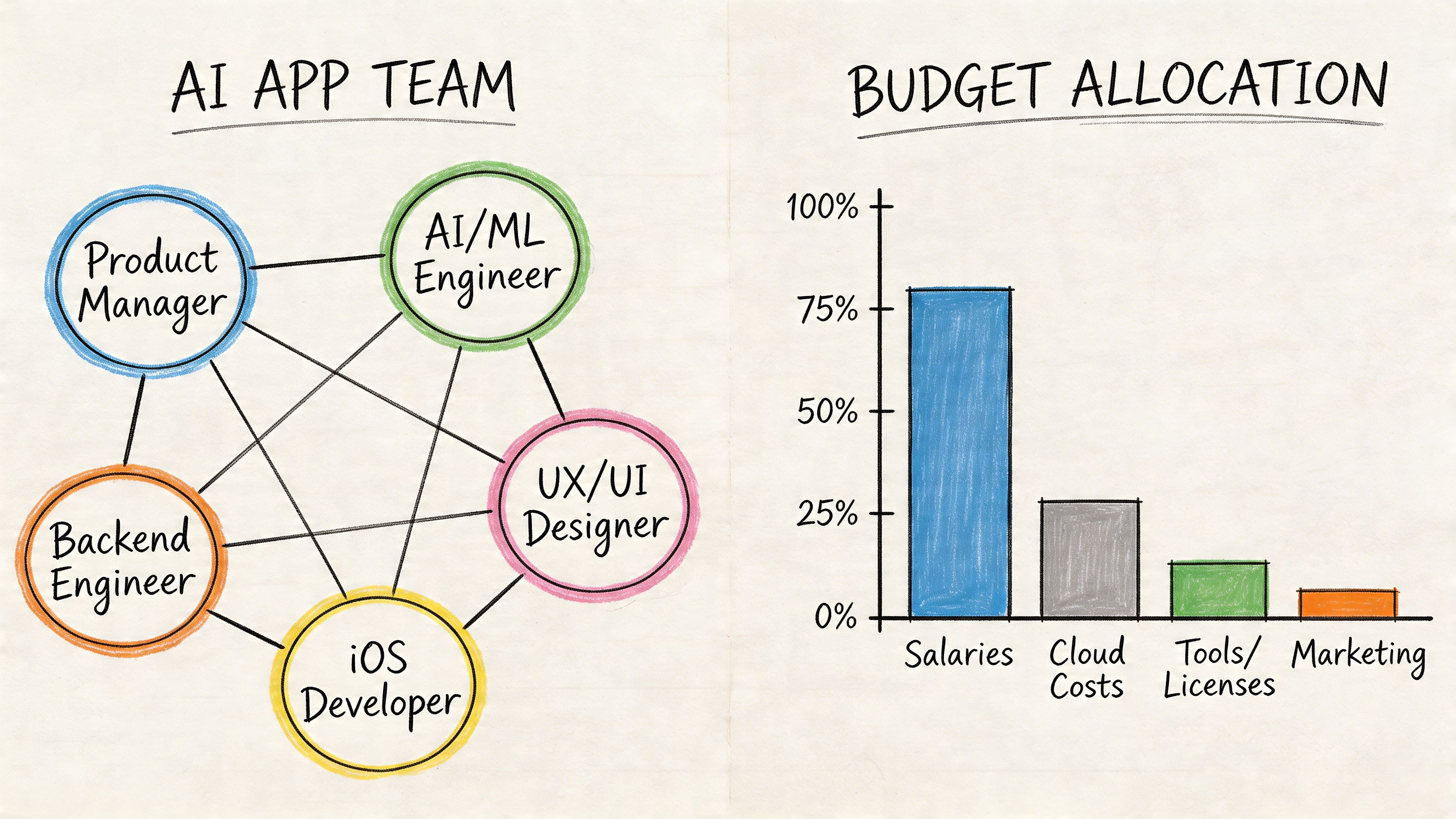A hand-drawn illustration depicting an AI app team structure and a bar chart showing budget allocation.