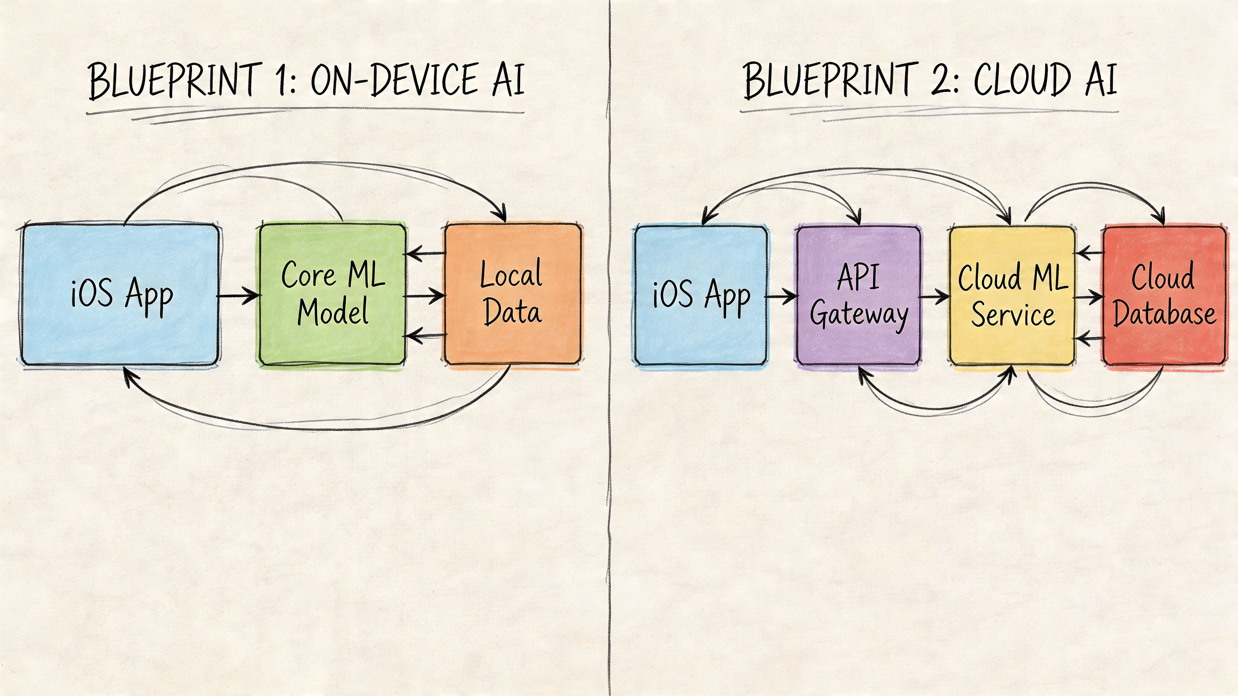 A diagram comparing On-Device AI architecture versus Cloud AI architecture for mobile iOS application development.