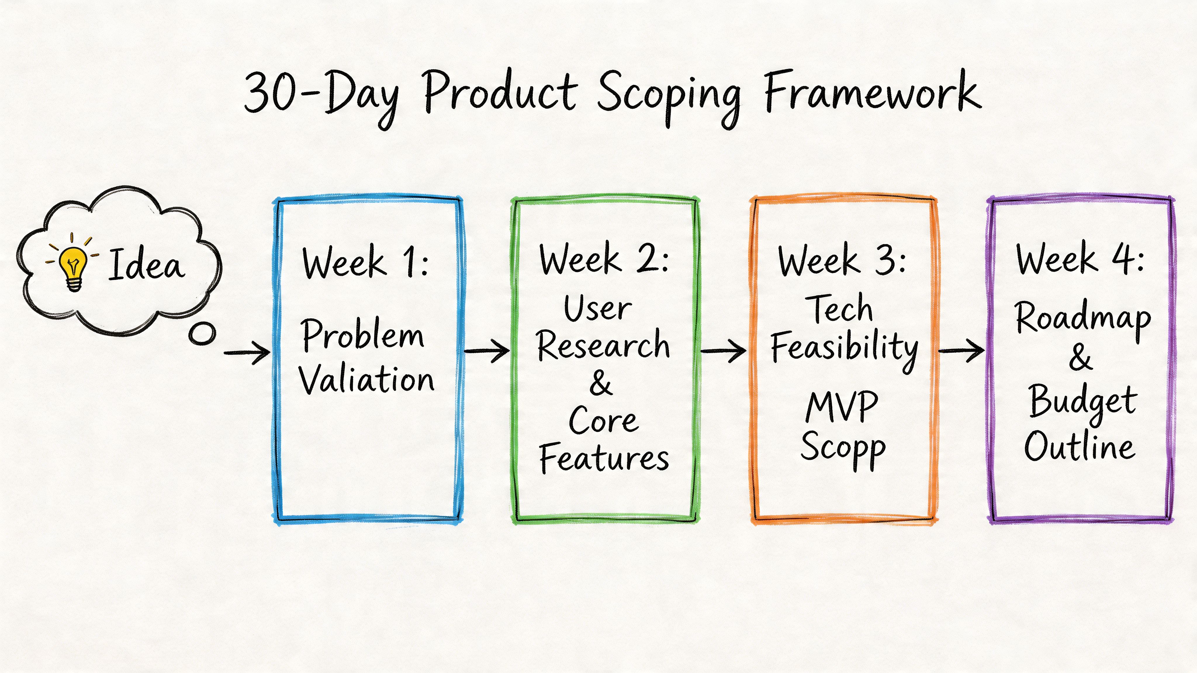 A diagram illustrating a four-week product scoping framework starting from an idea to a final budget.