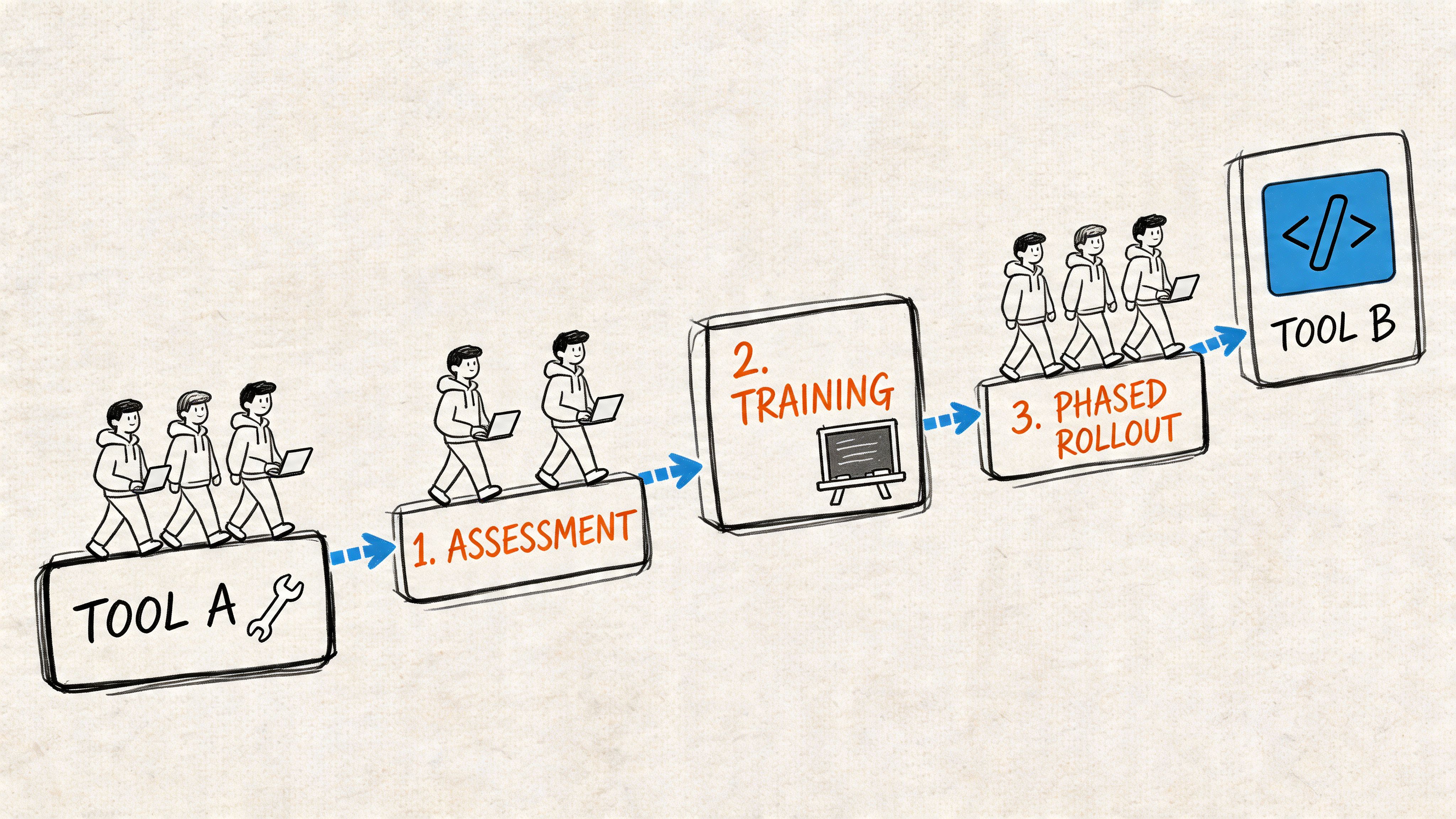 A hand-drawn diagram illustrating a transition process from Tool A to Tool B with three distinct steps.