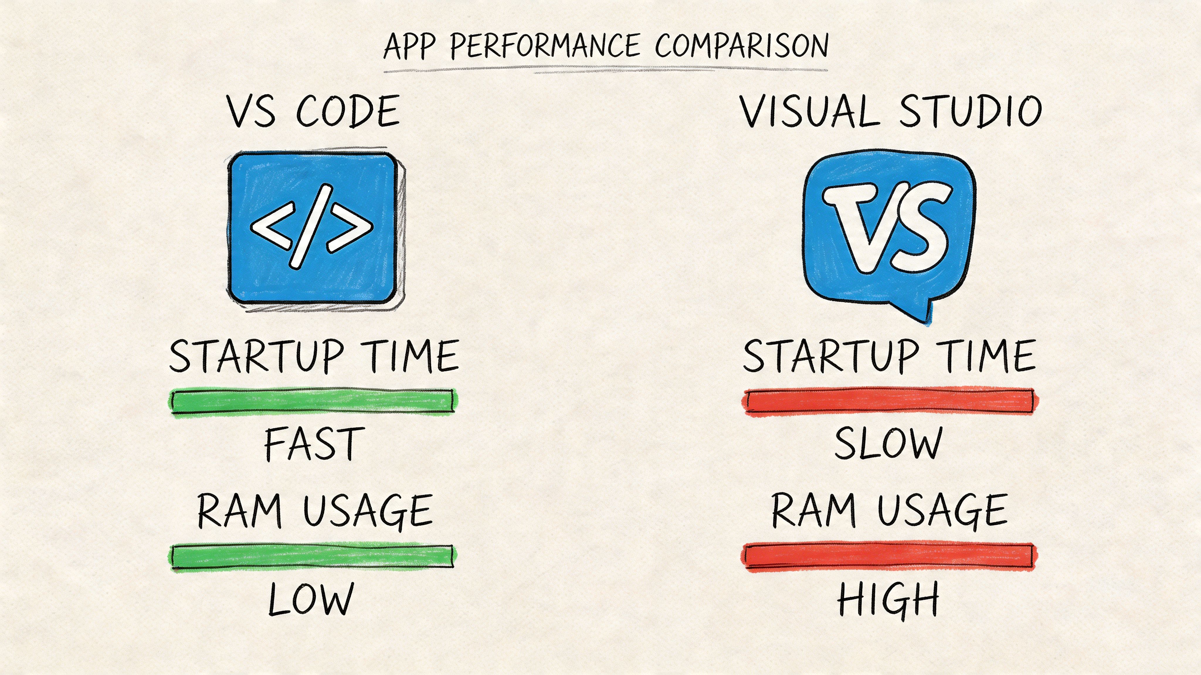A performance comparison chart illustrating the differences in startup time and RAM usage between VS Code and Visual Studio.