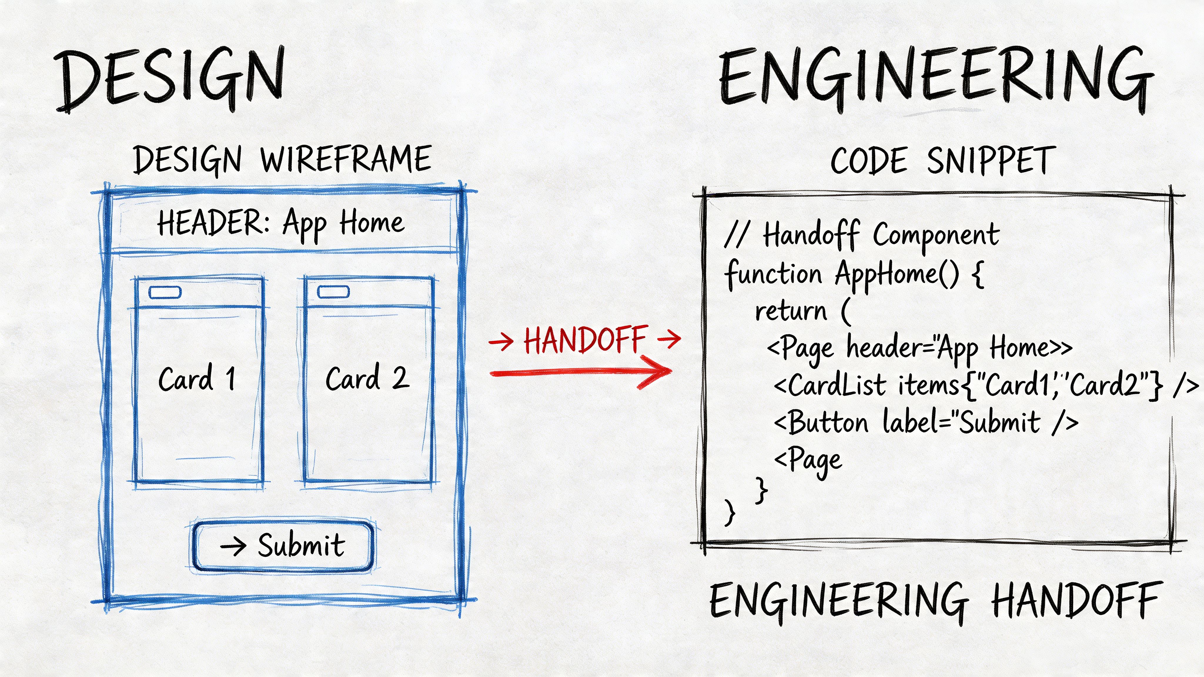 A hand-drawn sketch illustrating the design handoff process from wireframes to engineering code implementation.