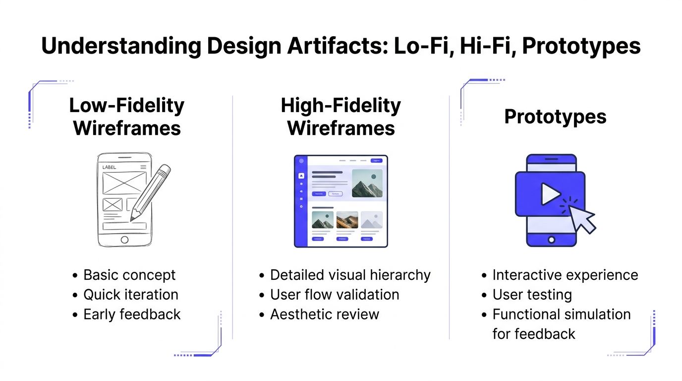 A diagram comparing low-fidelity wireframes, high-fidelity wireframes, and prototypes for product design and development.