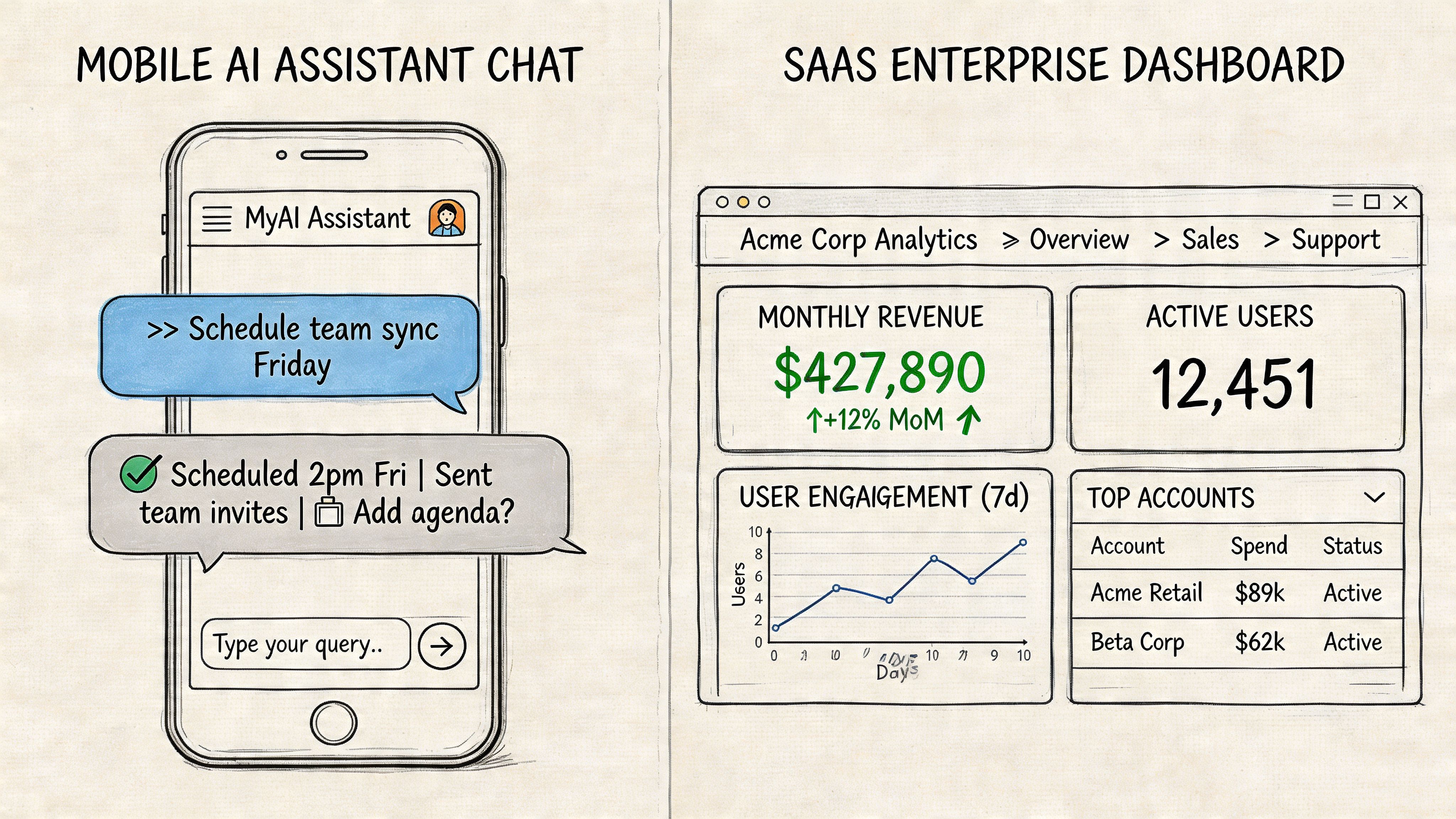 Hand-drawn comparison between a mobile AI chat assistant interface and a SaaS enterprise analytics dashboard.