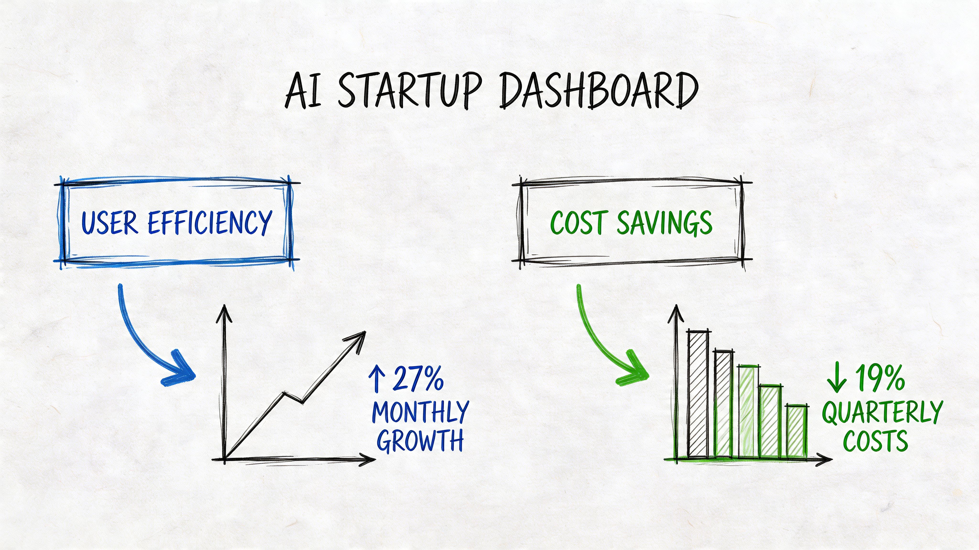 A hand-drawn sketch of an AI startup dashboard showing user efficiency growth and cost savings metrics.