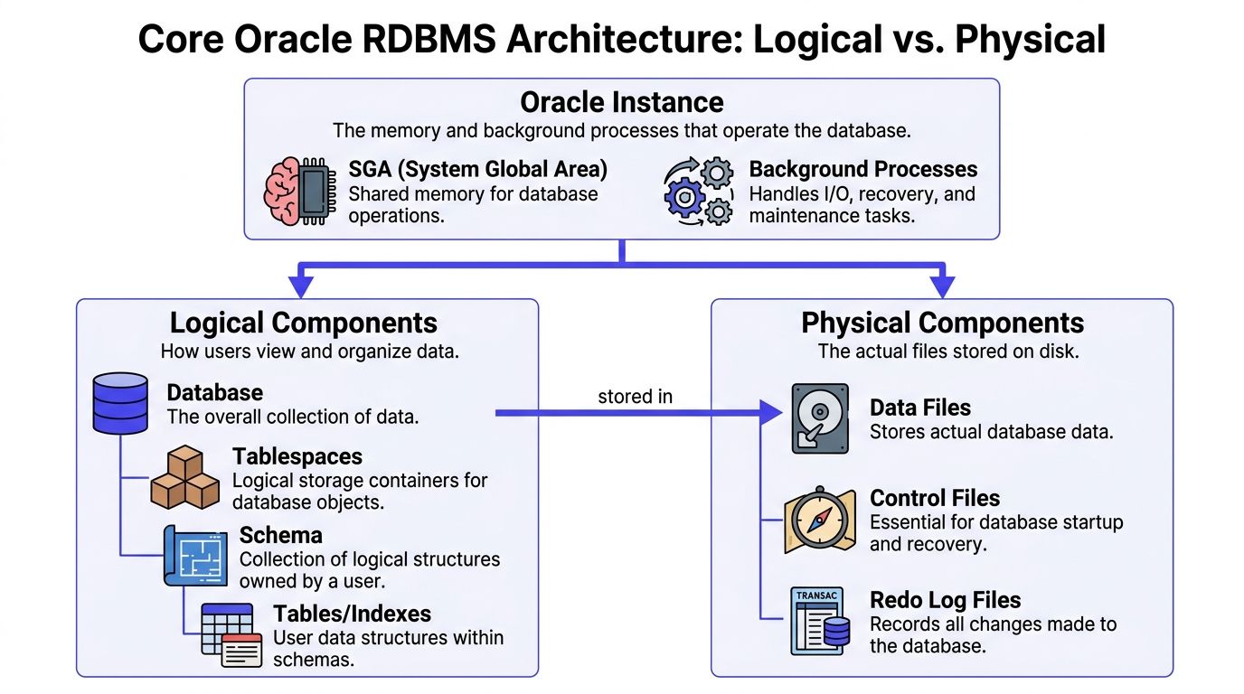 A diagram comparing the logical components and physical components of the Oracle RDBMS database architecture.