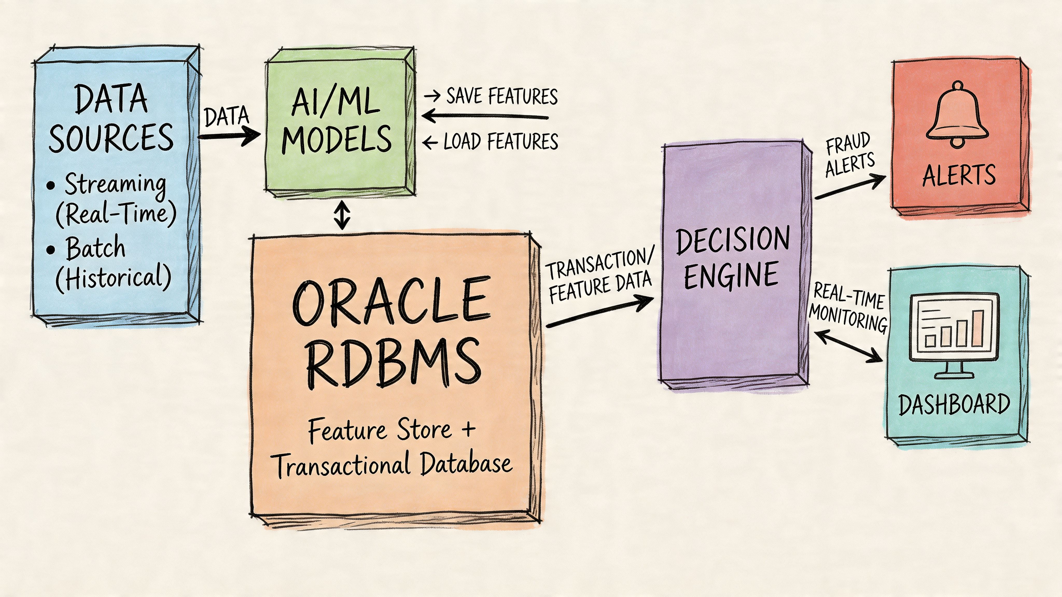 A diagram illustrating data flow from sources through AI models, Oracle RDBMS, and a decision engine to alerts.