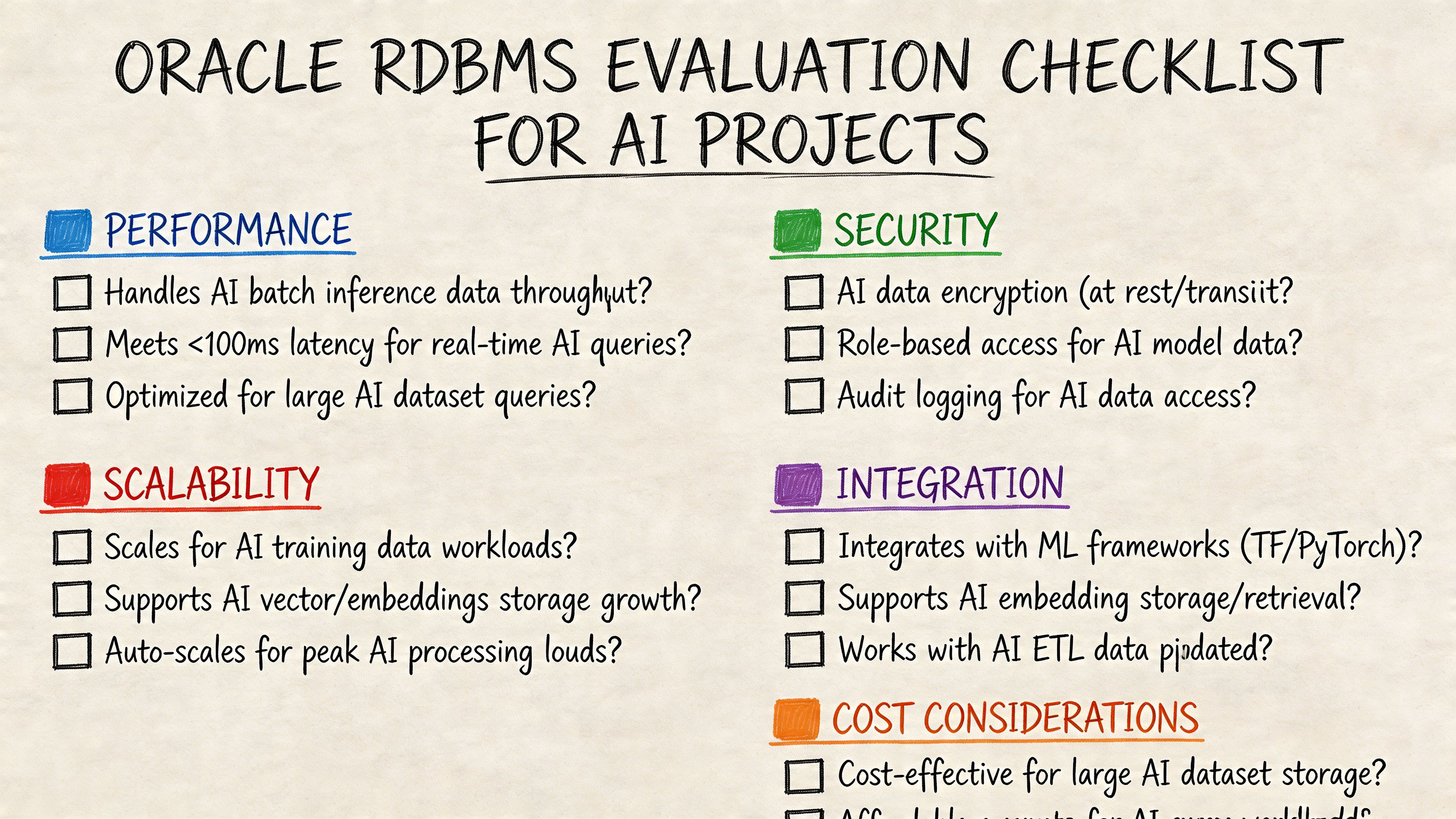 A checklist for evaluating Oracle RDBMS capabilities specifically for artificial intelligence projects and data workloads.