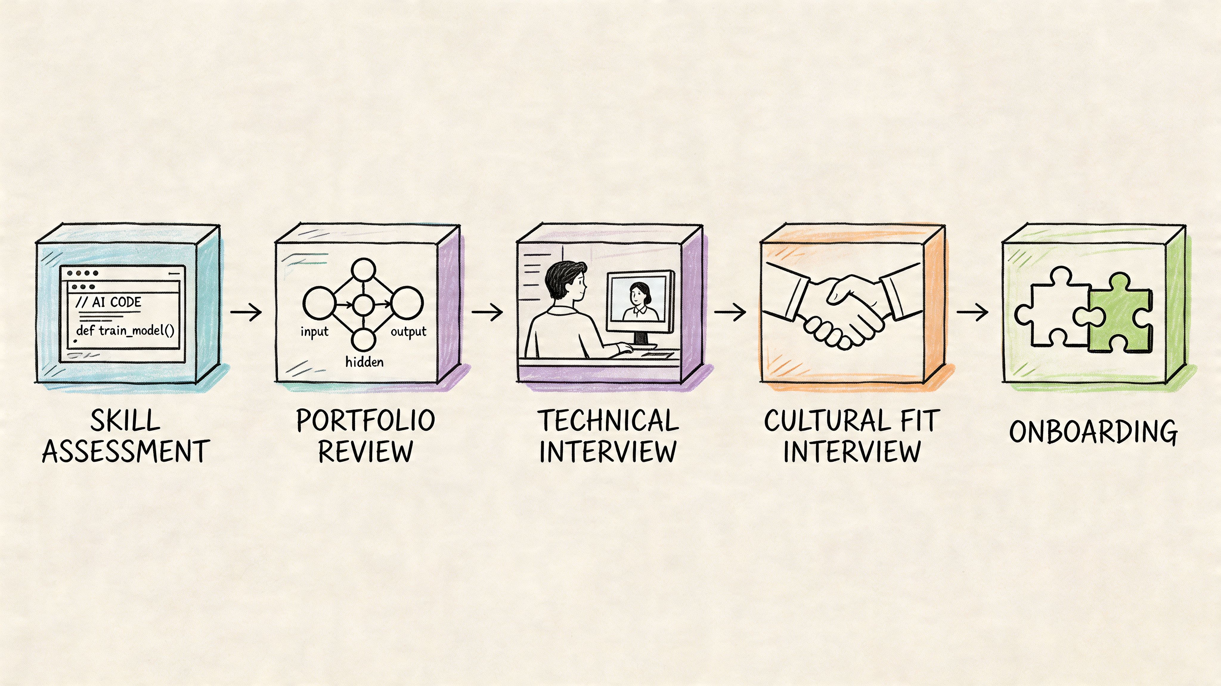 A diagram illustrating the five-step hiring process for tech professionals, from skill assessment to final onboarding.