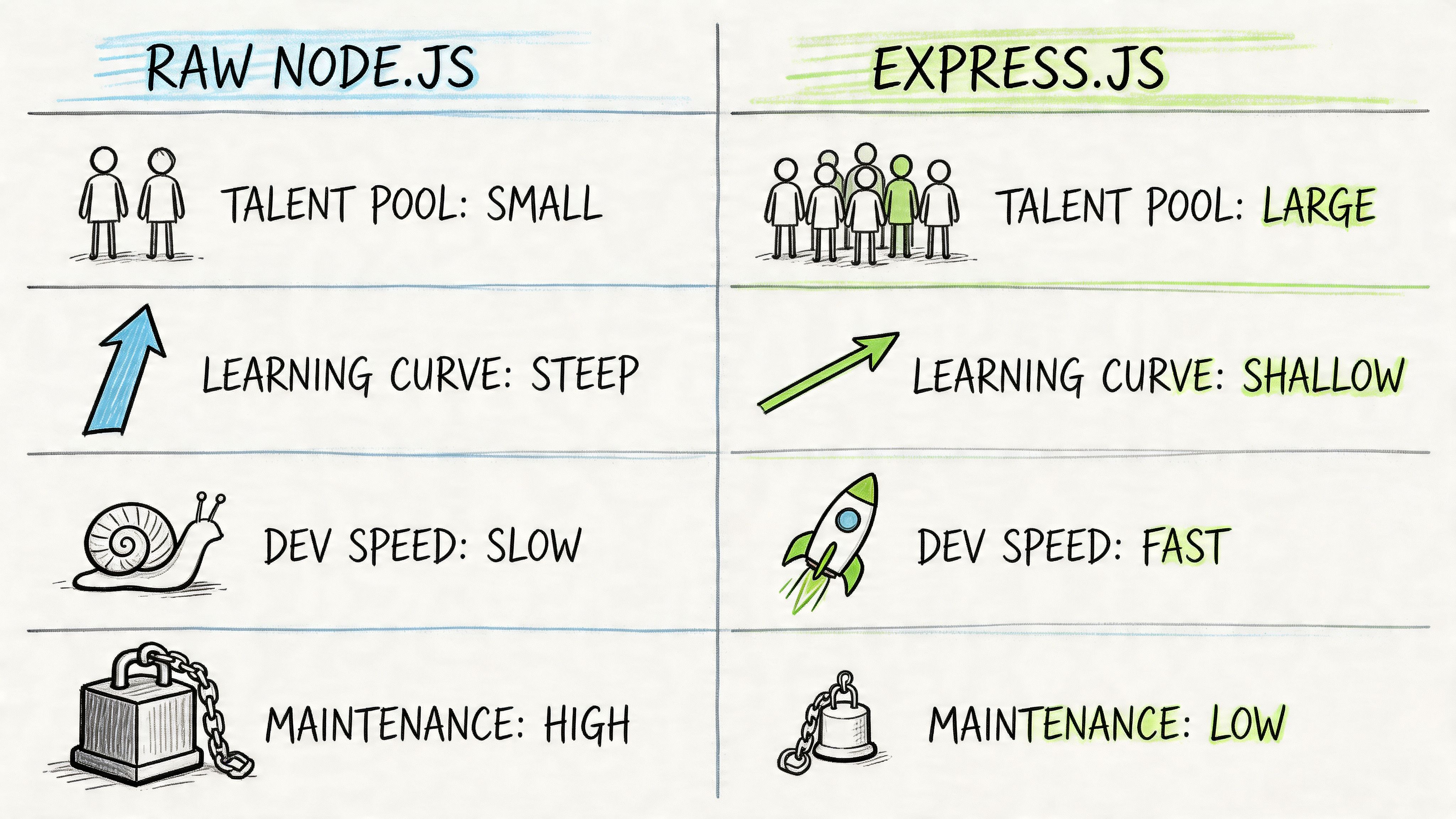 A comparison chart highlighting the key differences between Raw Node.js and Express.js regarding talent, learning, speed, and maintenance.