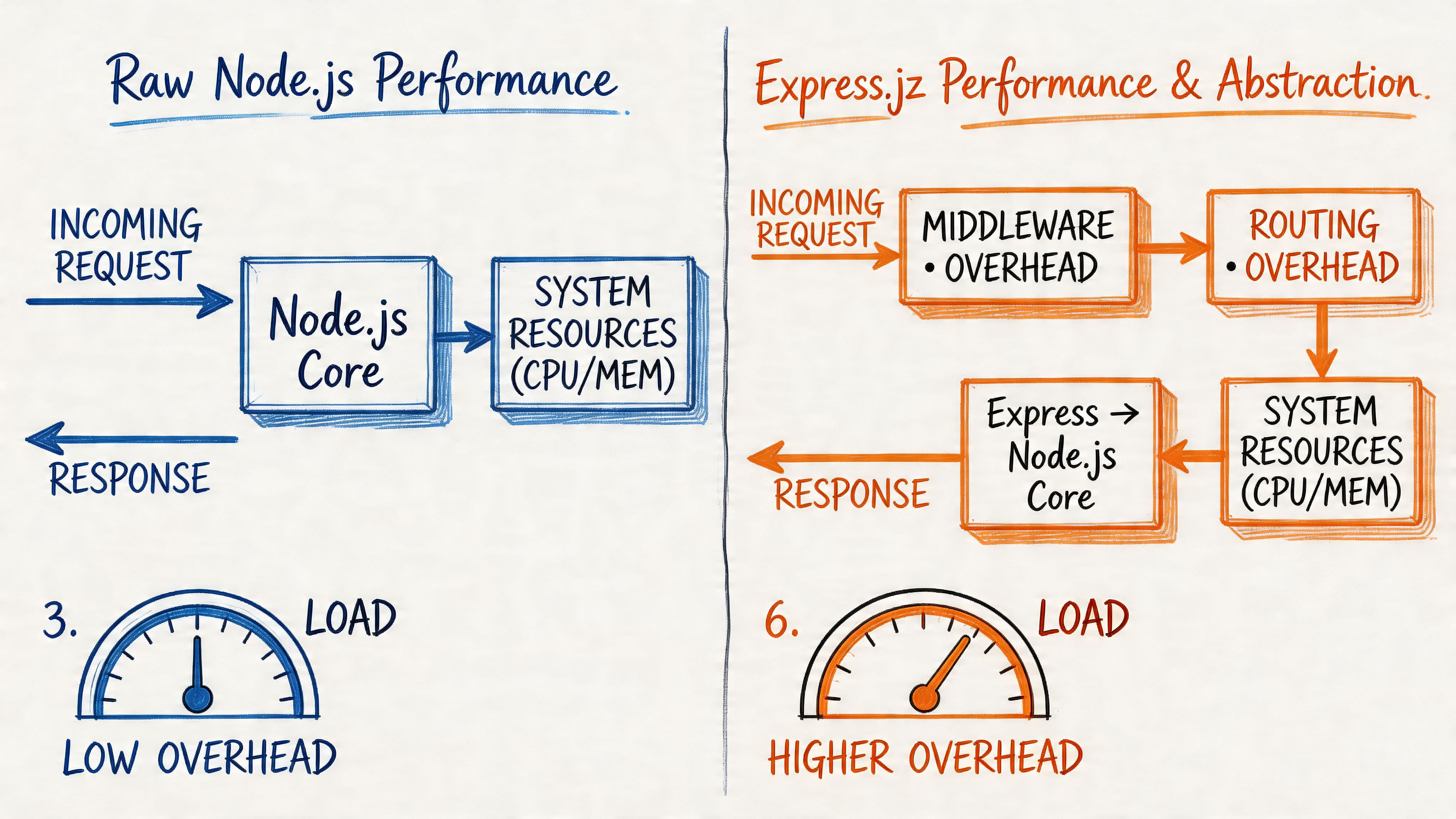 A hand-drawn comparison diagram between raw Node.js performance and Express.js overhead and architectural flow.