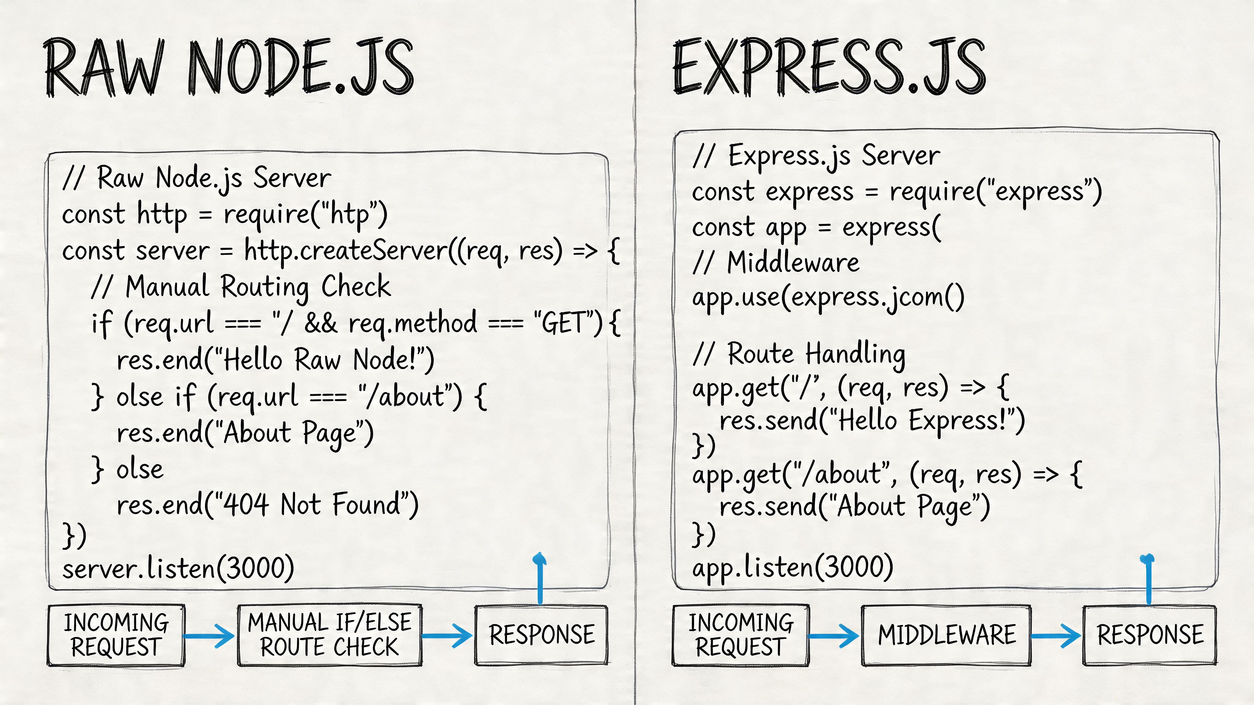 A comparison diagram showing code examples for building a server in raw Node.js versus Express.js.