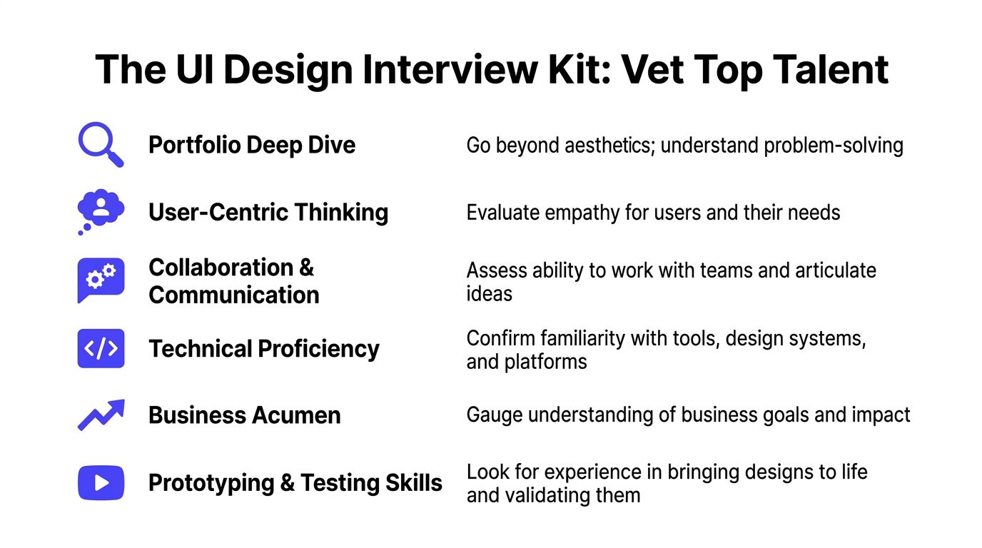 A list of six core skills used to evaluate UI design candidates during a professional interview process.