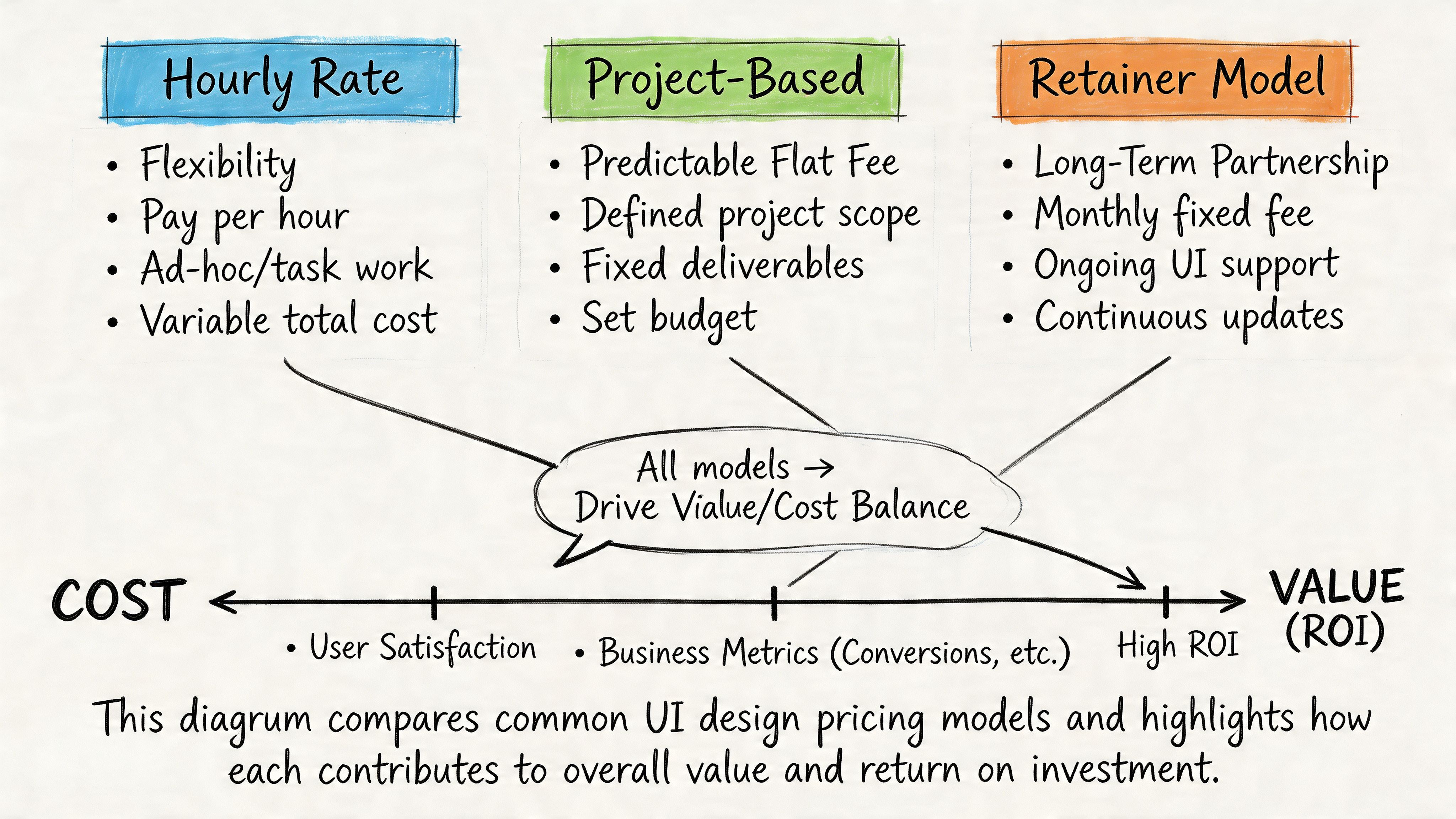 A diagram comparing UI design pricing models including hourly rate, project-based, and retainer models to drive ROI.