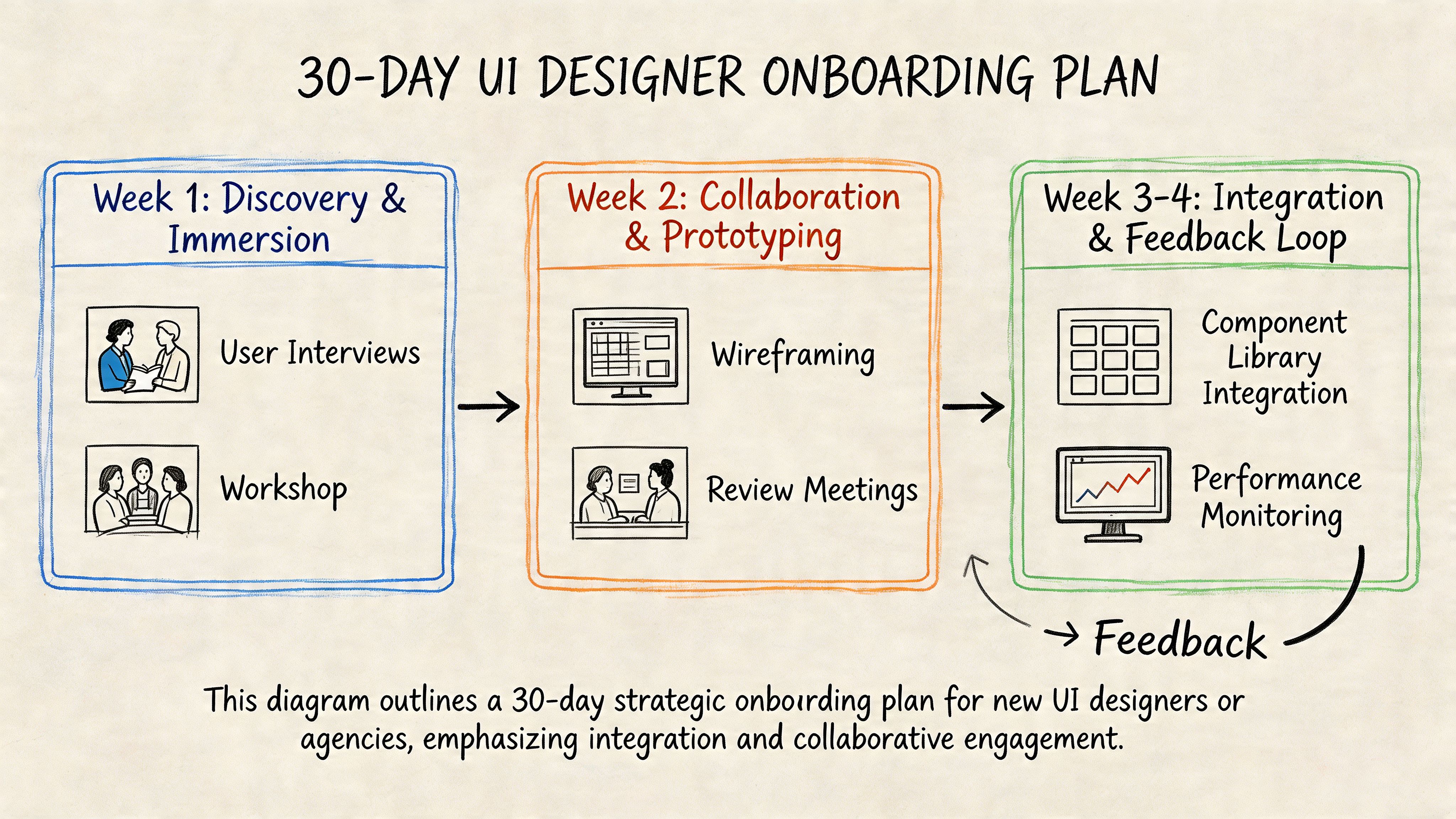 A 30-day UI designer onboarding plan diagram showing discovery, collaboration, and feedback stages.