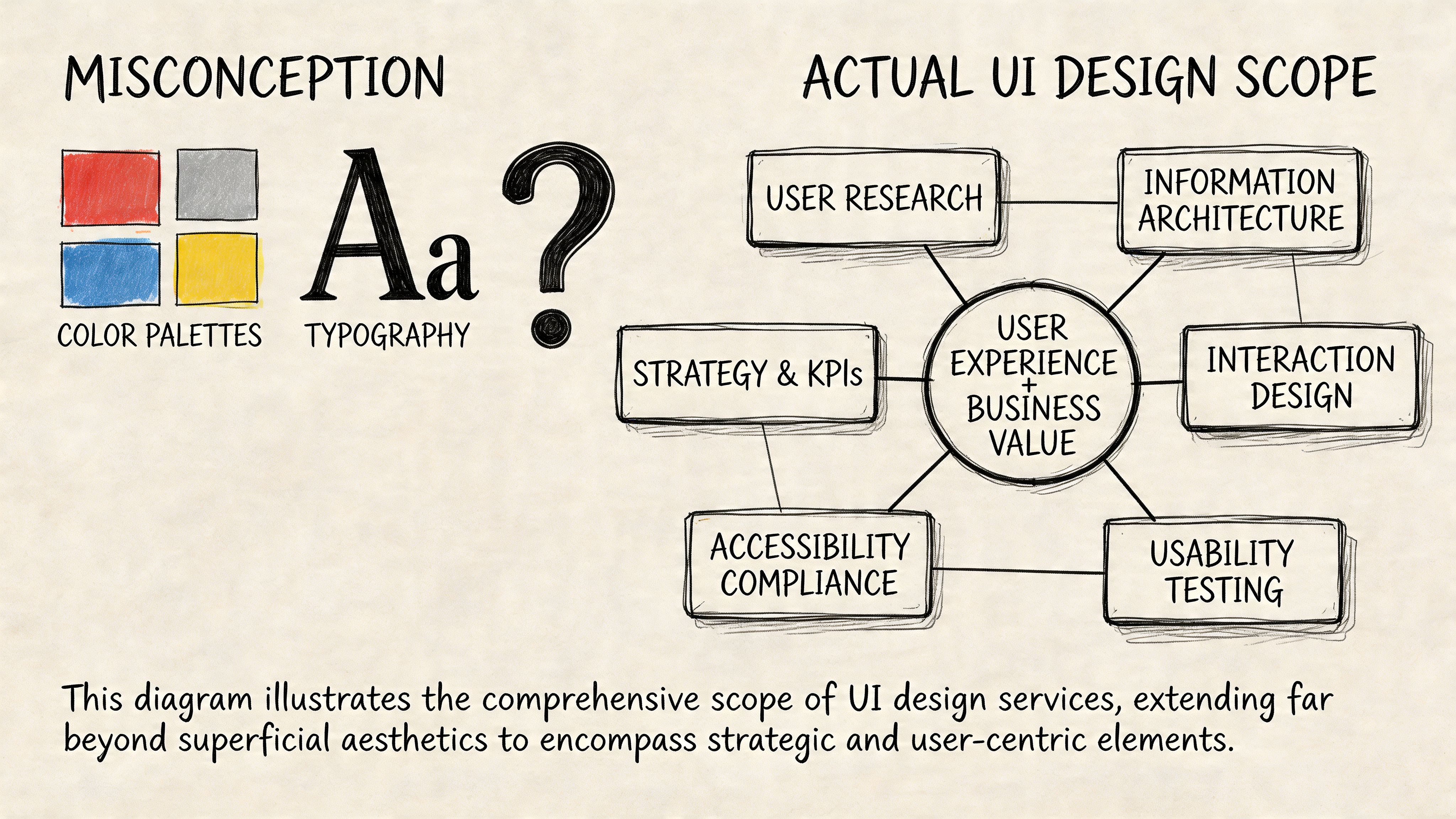 A diagram comparing the common misconception of UI design to its actual comprehensive, user-centric professional scope.