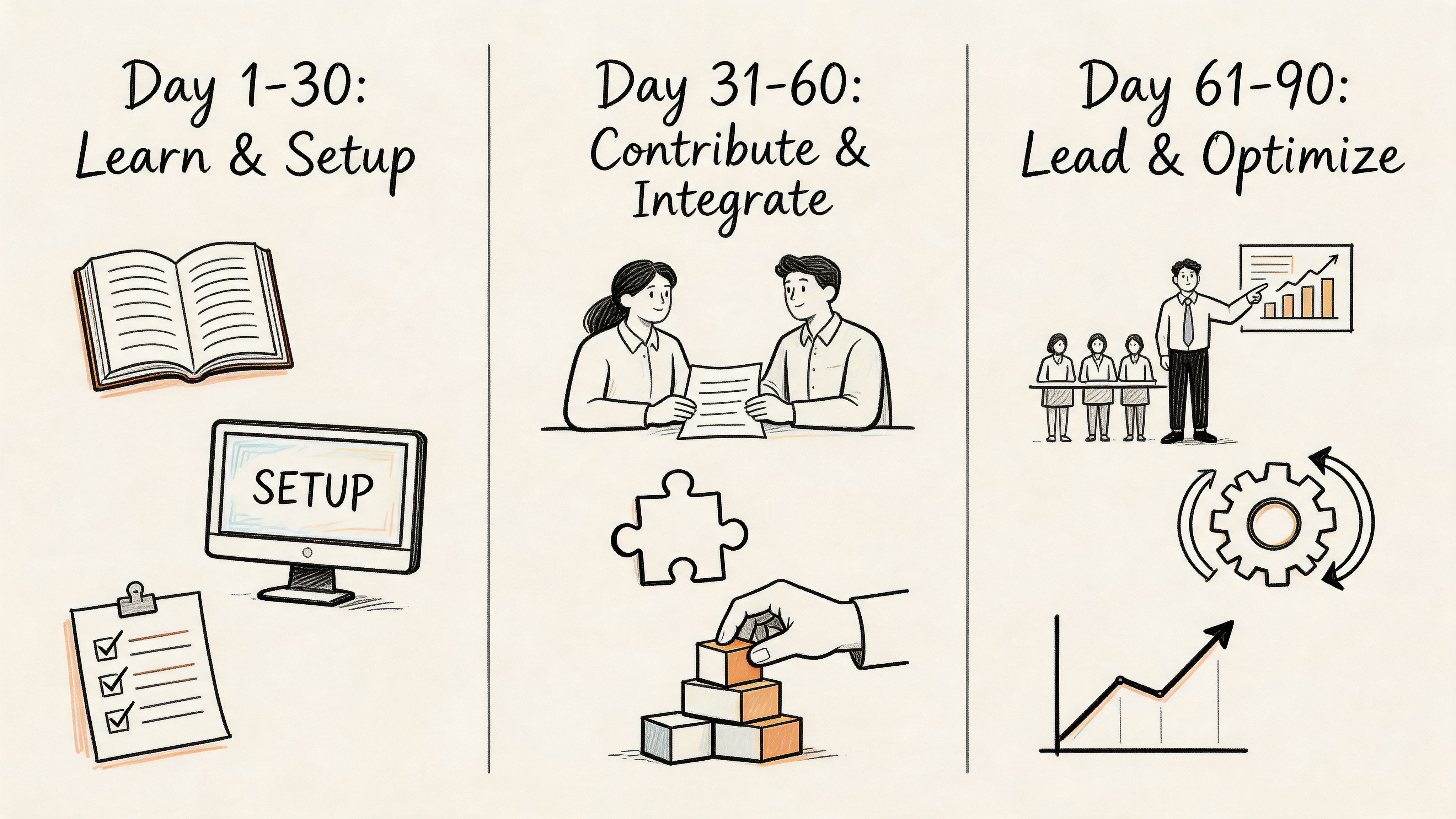 An infographic showing a ninety day onboarding plan divided into three phases for new employees.
