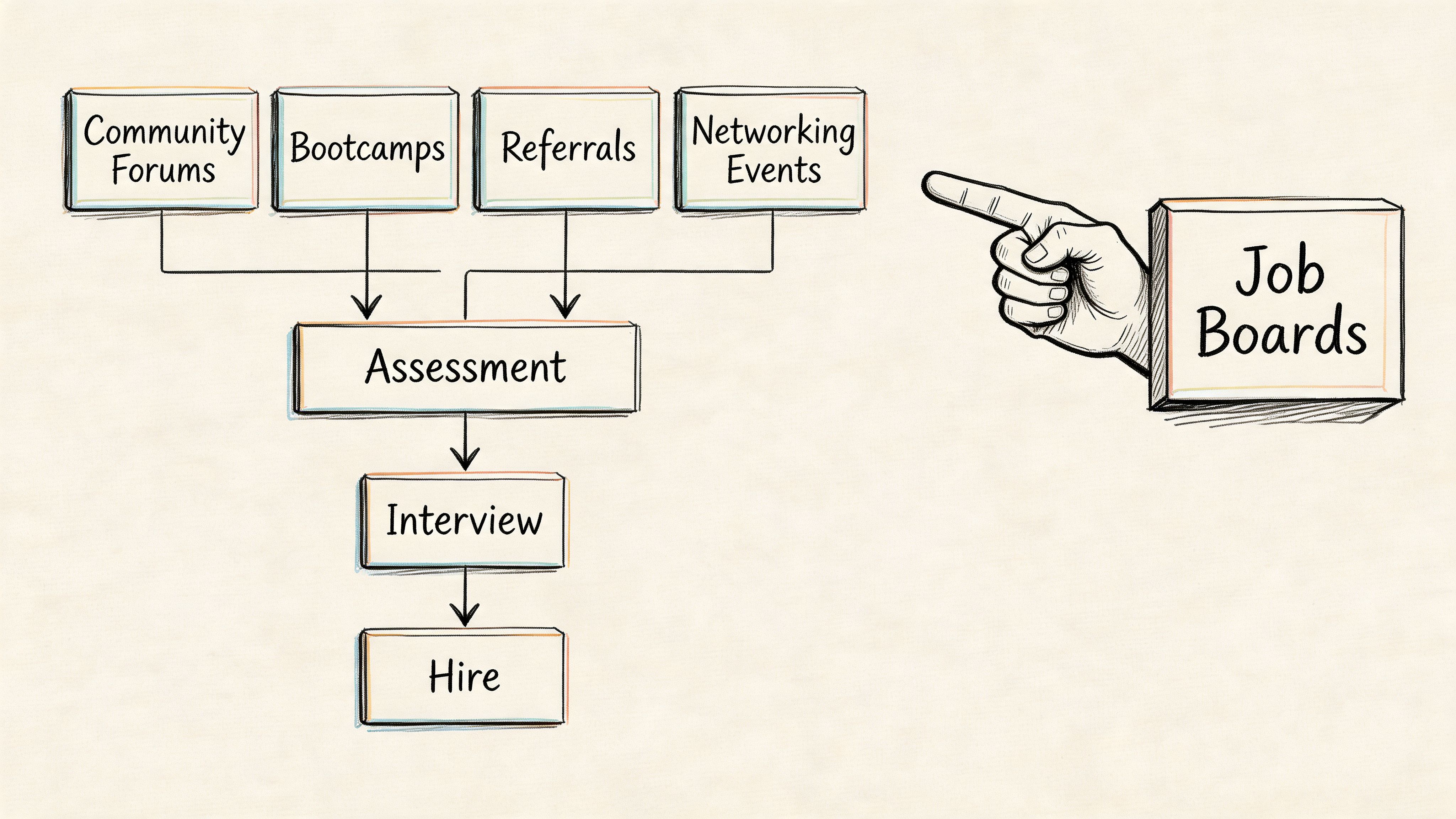 A recruitment flow chart showing channels like bootcamps and networking leading to interviews and hiring success.
