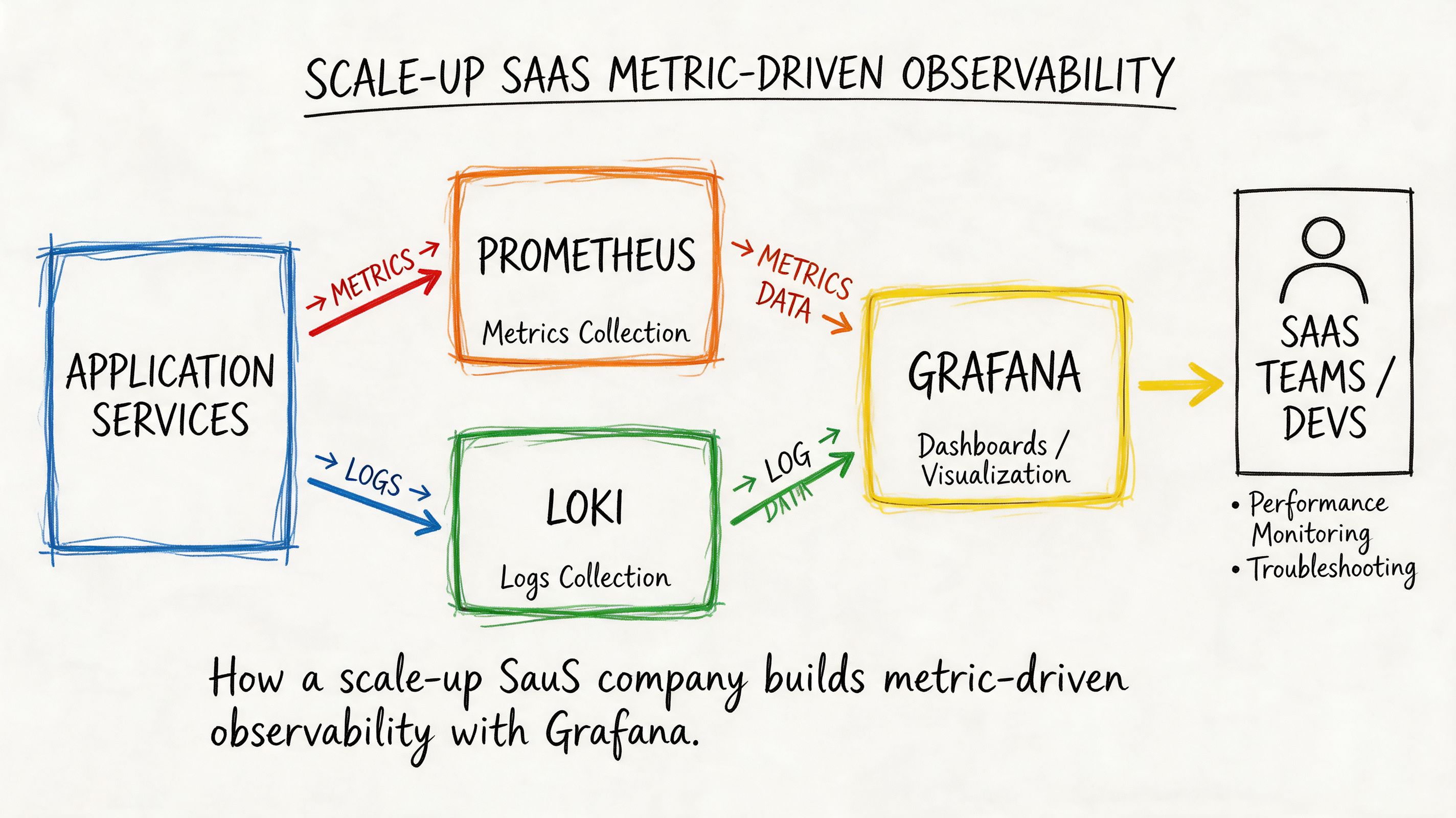 A diagram illustrating a SaaS observability architecture using Prometheus for metrics, Loki for logs, and Grafana dashboards.