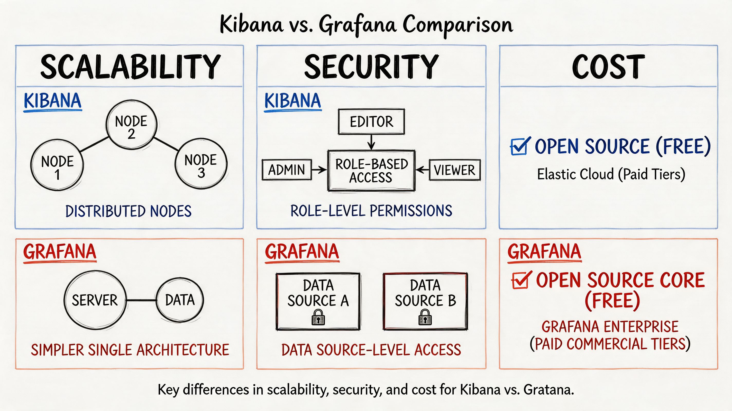 A comparison chart outlining key differences in scalability, security, and cost between Kibana and Grafana software.