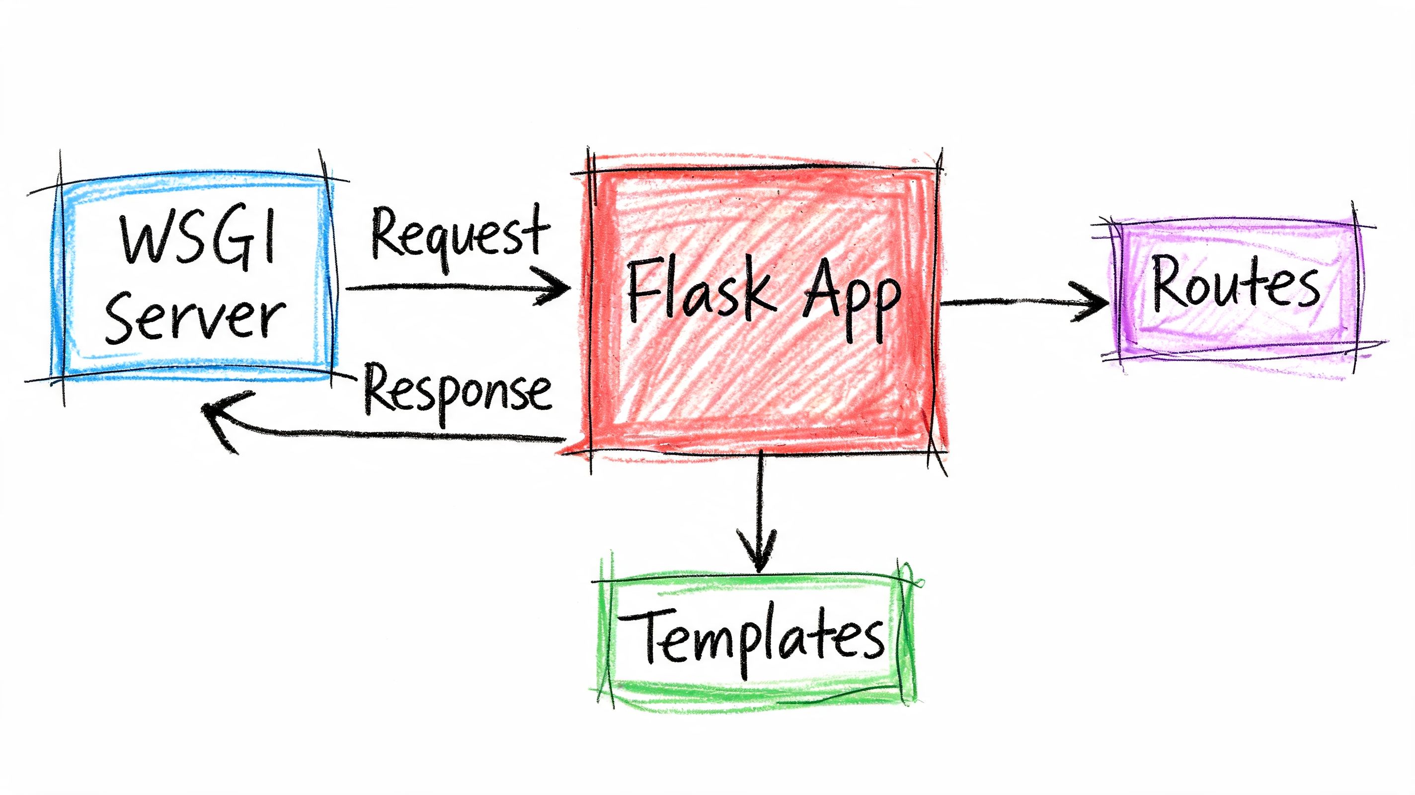 A hand-drawn diagram illustrating how a WSGI server interacts with a Flask application, routes, and templates.
