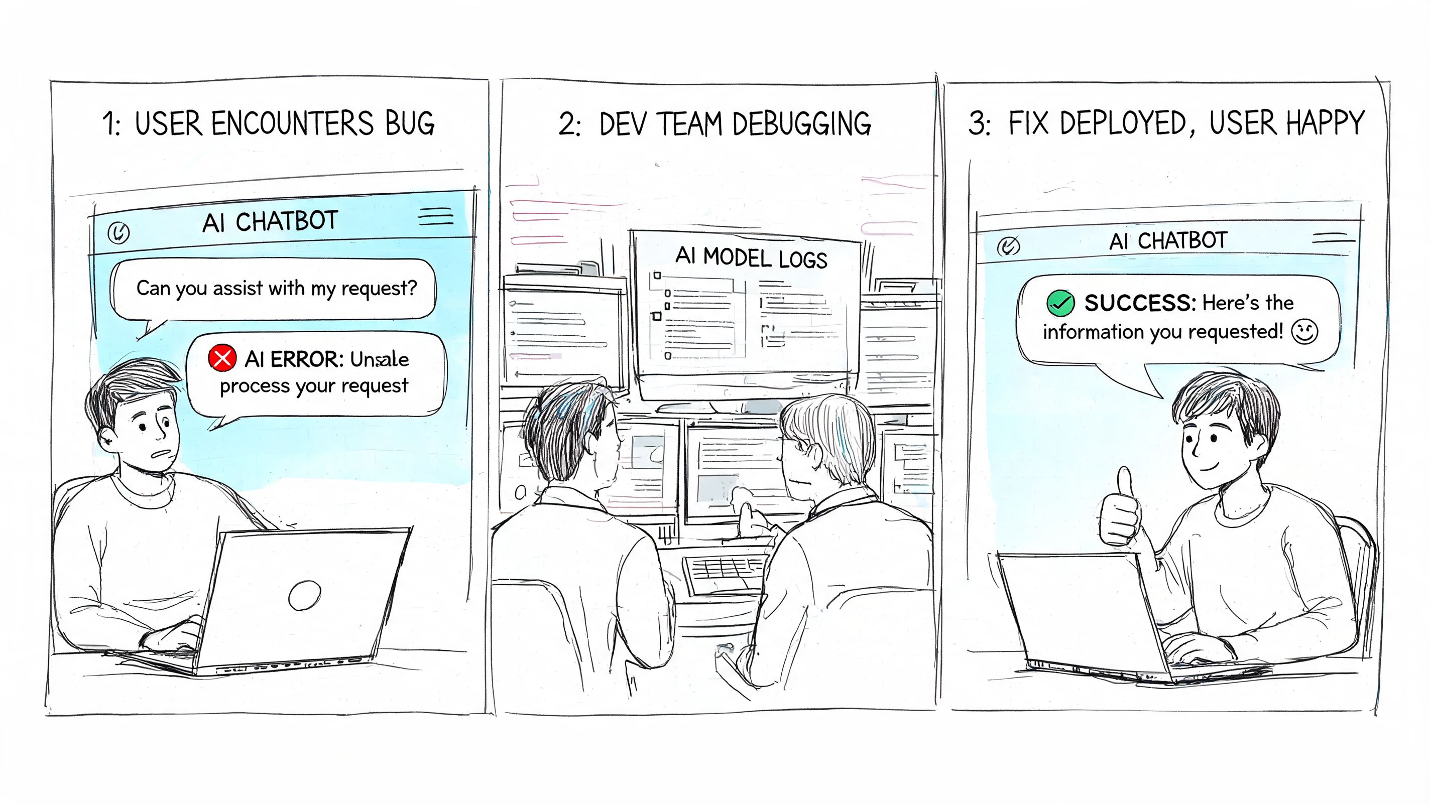A three-panel comic illustration depicting the bug life cycle from encountering an error to developer debugging and resolution.