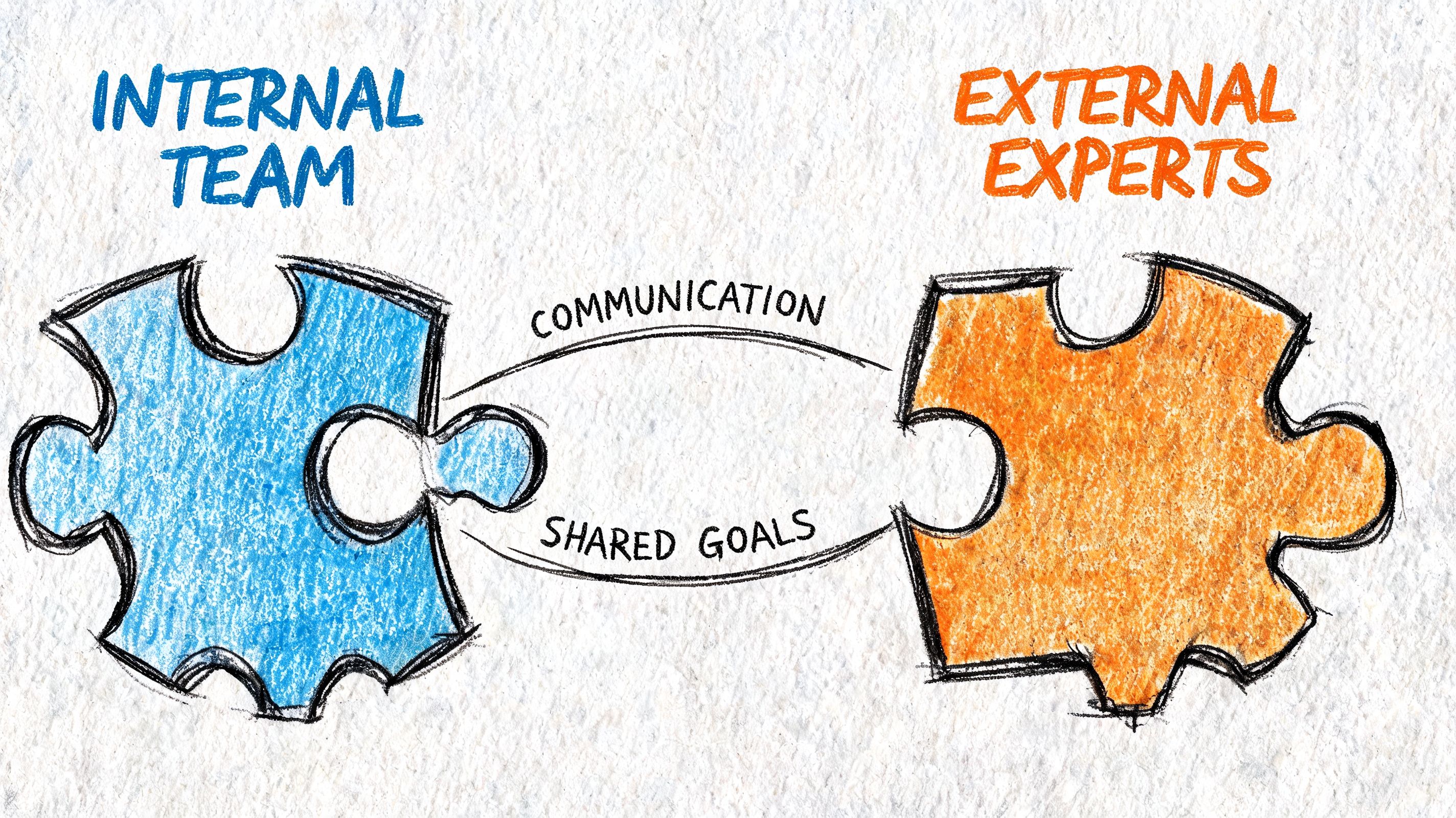 A puzzle piece illustration connecting an internal team and external experts through communication and shared goals.