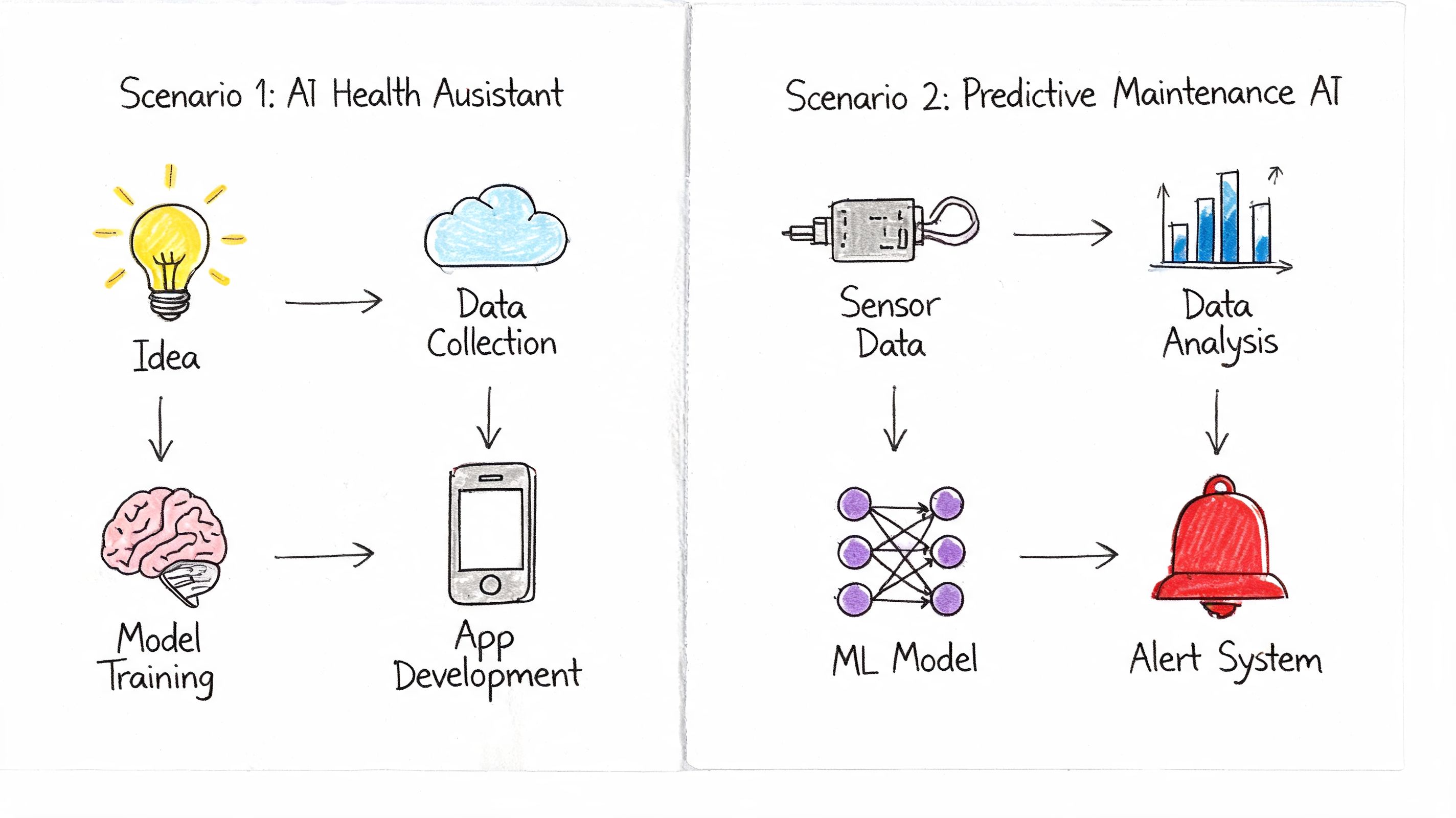 A diagram comparing the development process of an AI health assistant and a predictive maintenance system.